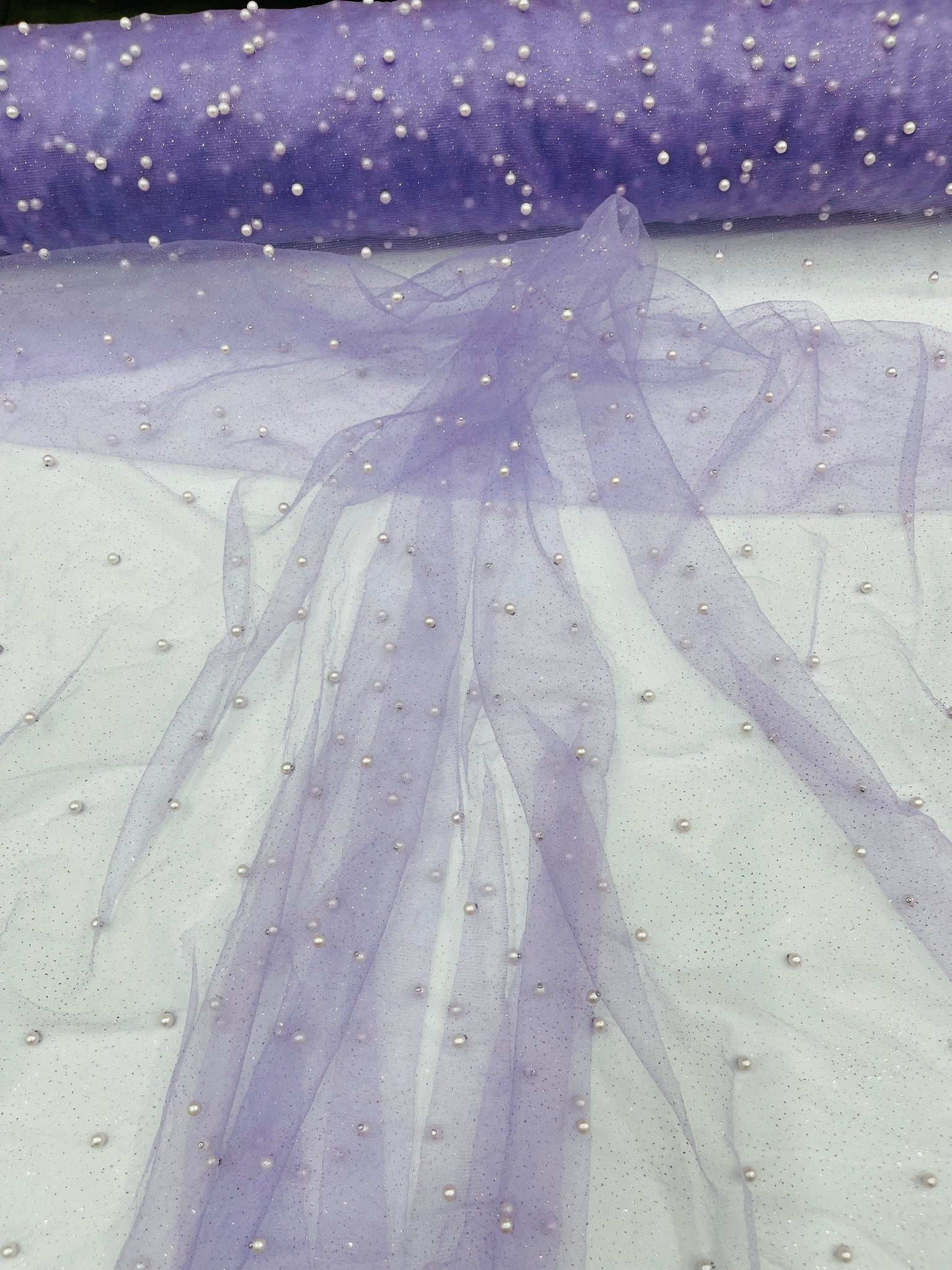 Pearl Glitter Studded Mesh, 2-Way Stretch Shimmer Mesh Fabric, Sold by the yard.