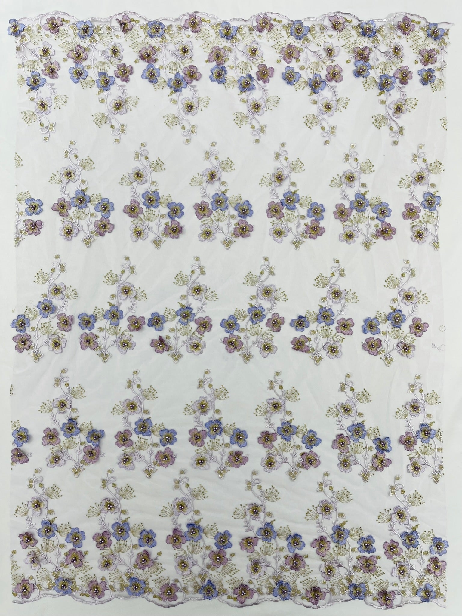 Multi Color 3D Floral design embroider with pearls in a mesh lace fabric -Sold by the yard