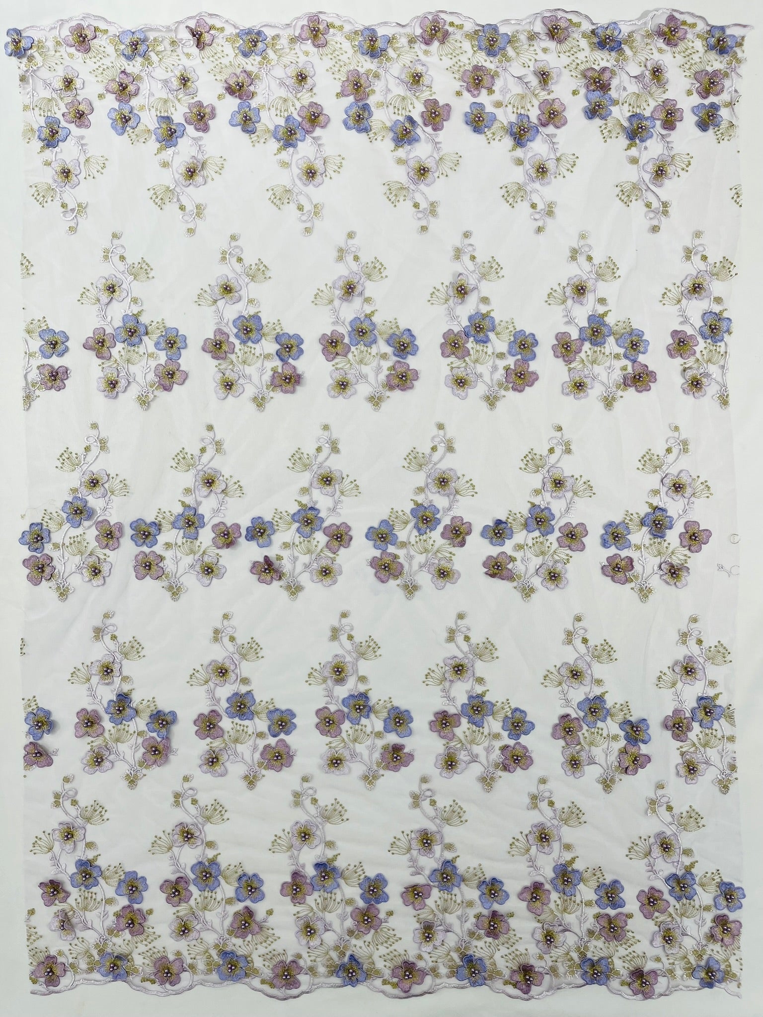 Multi Color 3D Floral design embroider with pearls in a mesh lace fabric -Sold by the yard