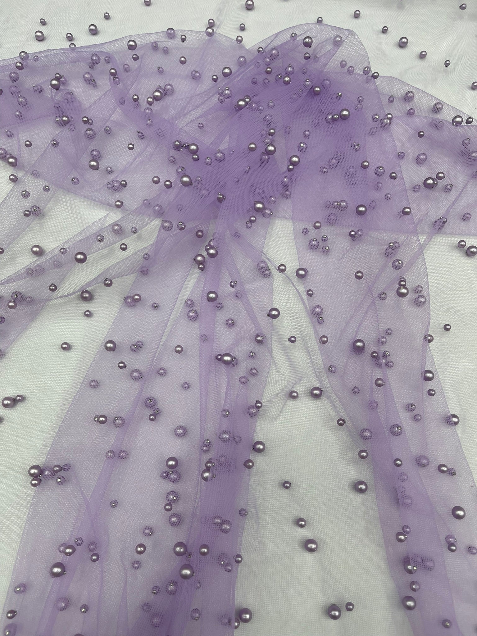 Scattered Pearls Studded Mesh, 2-Way Stretch, Sold by the yard.