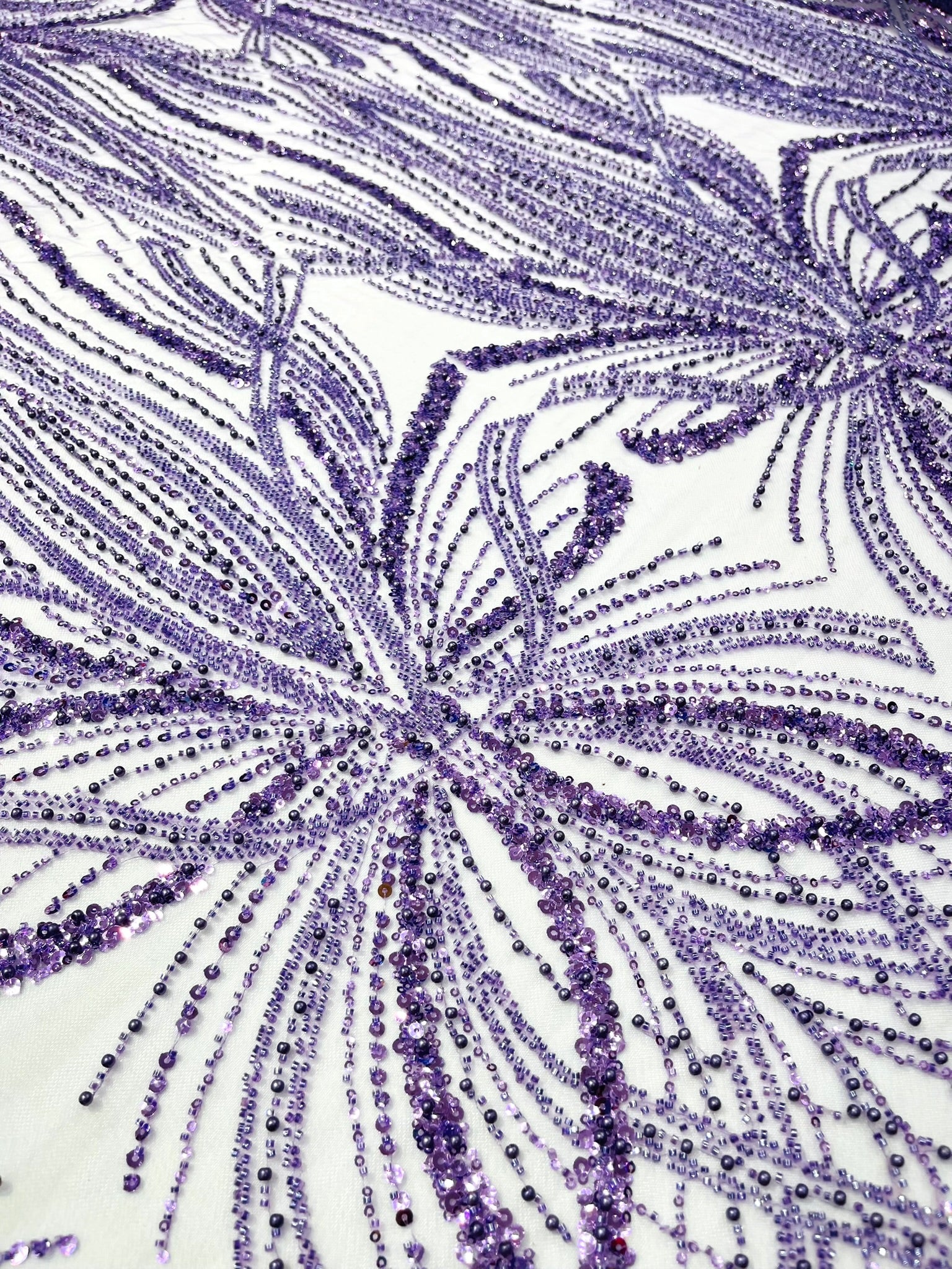Palm Beaded Lace Fabric, Heavy Embroidered Design on 58" Mesh for Dresses