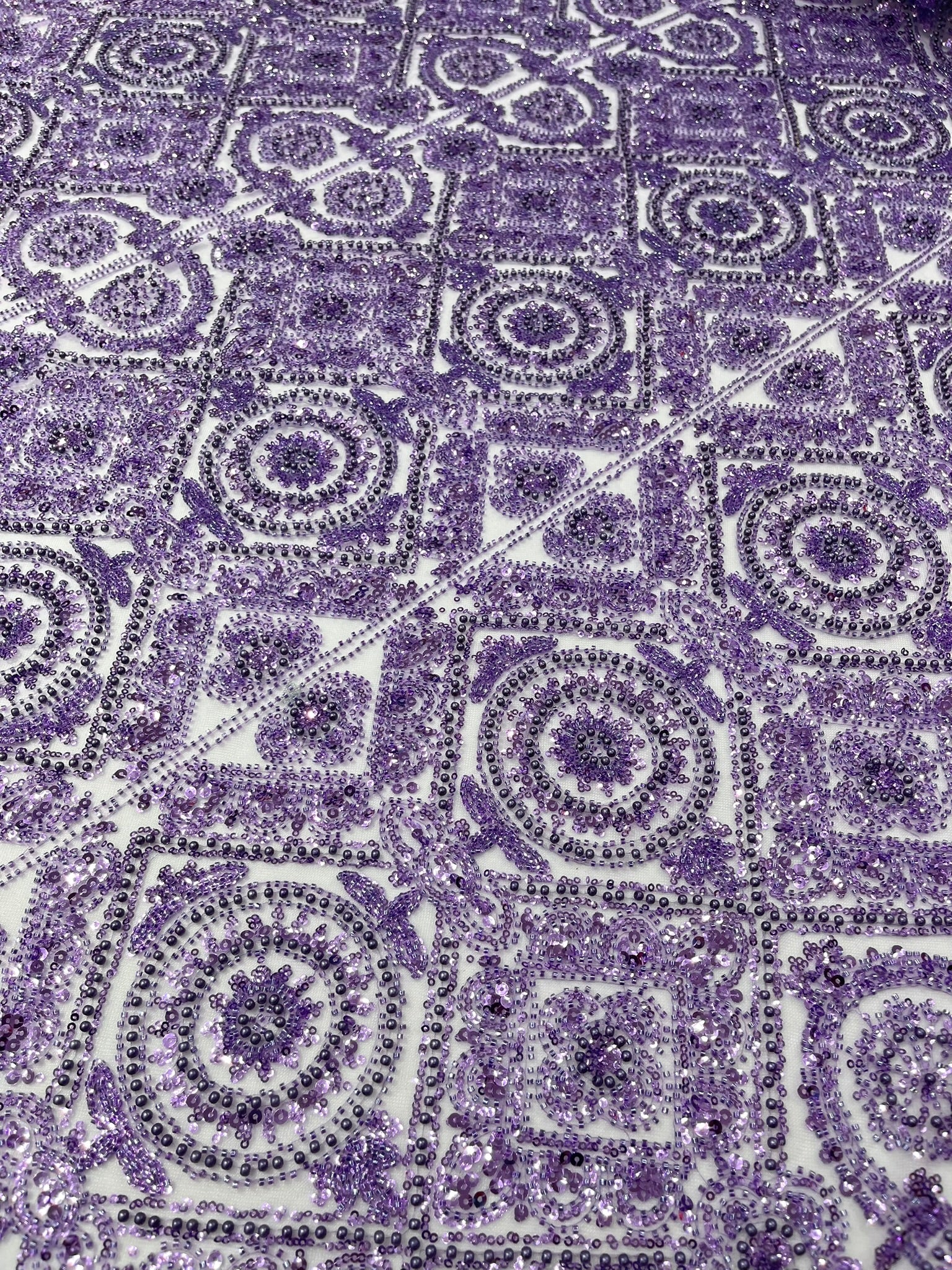 Geometric Beaded Lace Fabric, Heavy Embroidered Design on 58" Mesh for Dresses