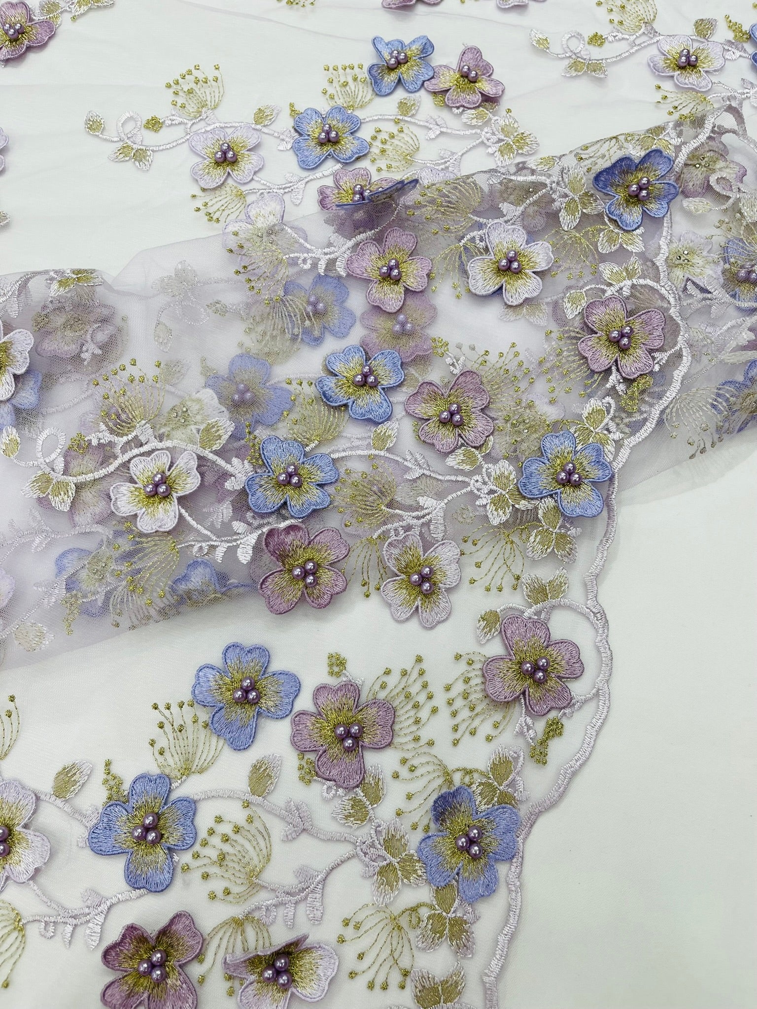 Multi Color 3D Floral design embroider with pearls in a mesh lace fabric -Sold by the yard