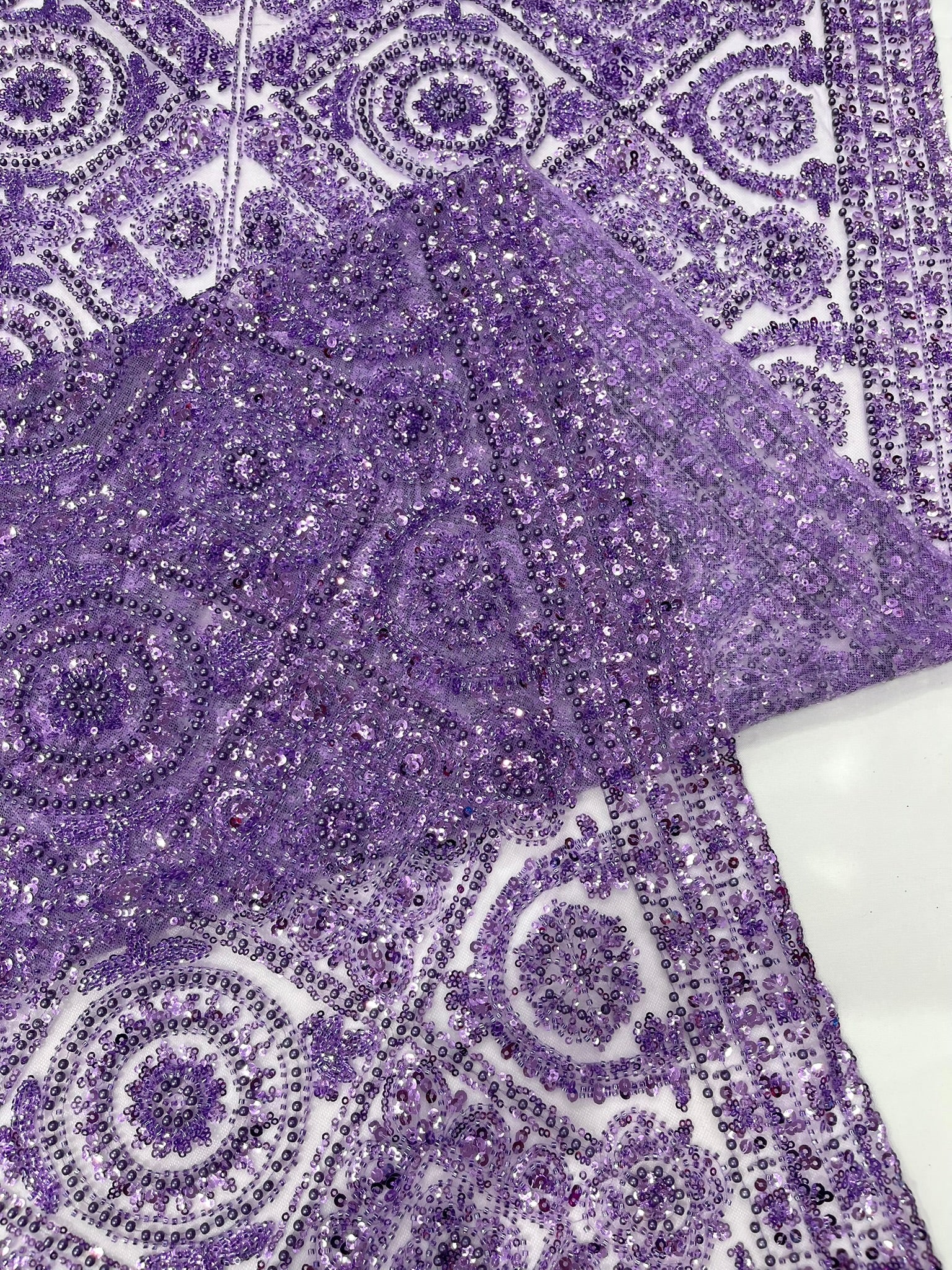 Geometric Beaded Lace Fabric, Heavy Embroidered Design on 58" Mesh for Dresses