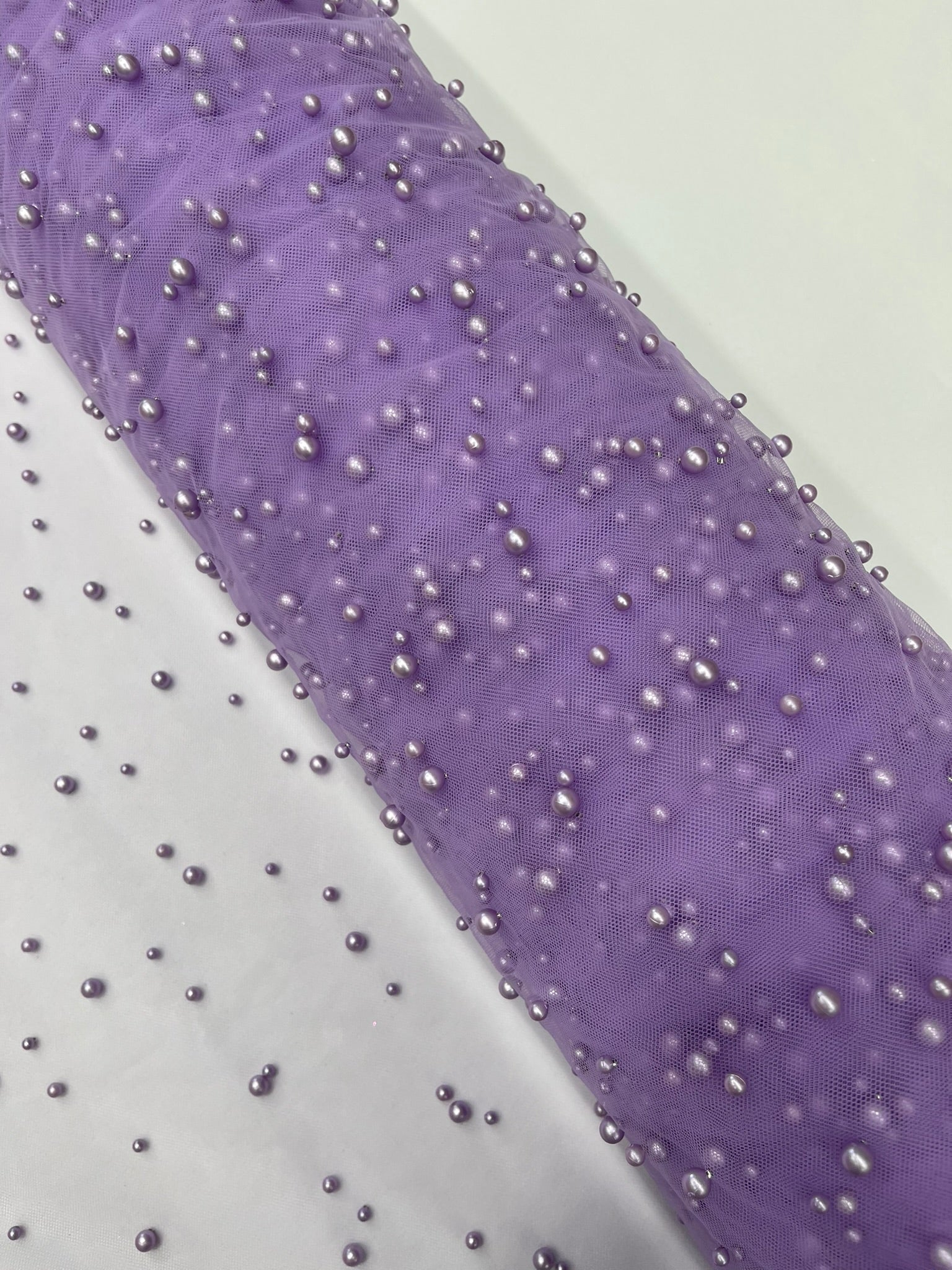 Scattered Pearls Studded Mesh, 2-Way Stretch, Sold by the yard.