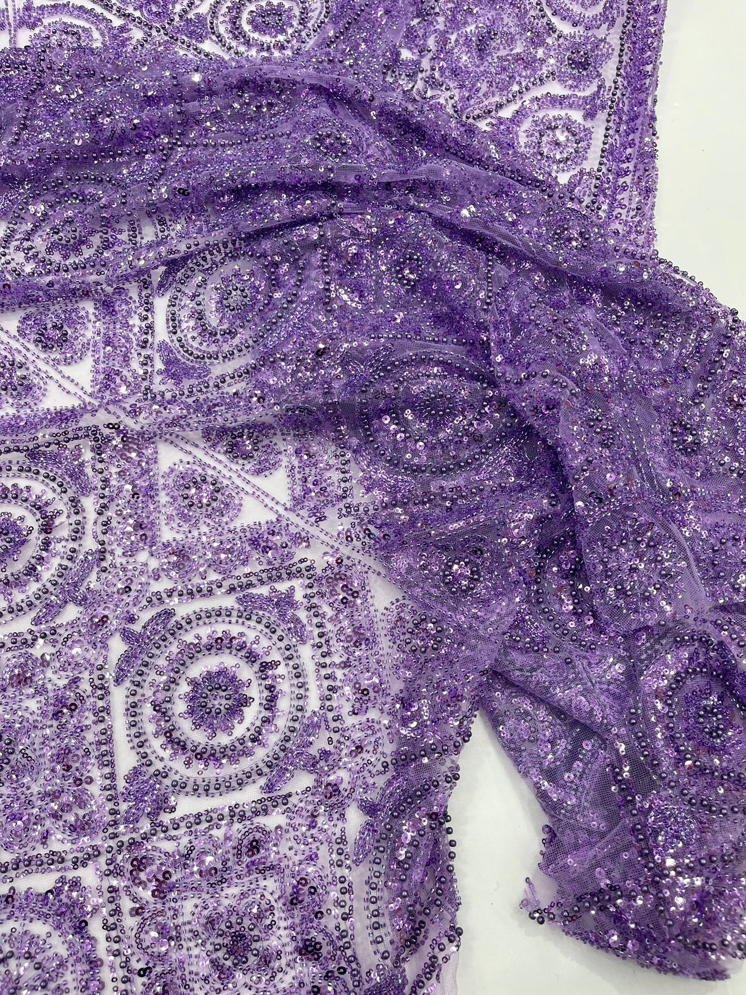 Geometric Beaded Lace Fabric, Heavy Embroidered Design on 58" Mesh for Dresses