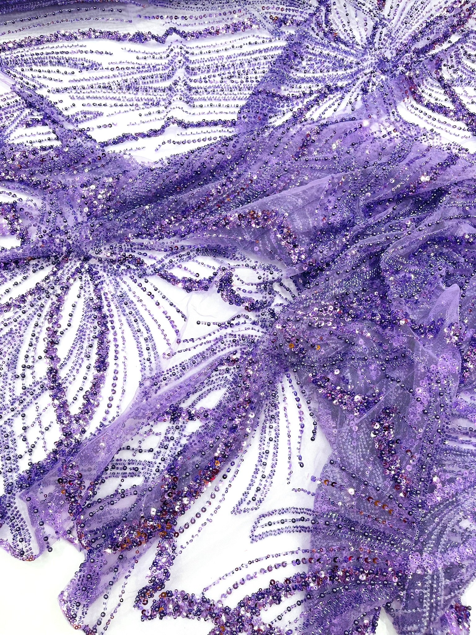 Palm Beaded Lace Fabric, Heavy Embroidered Design on 58" Mesh for Dresses