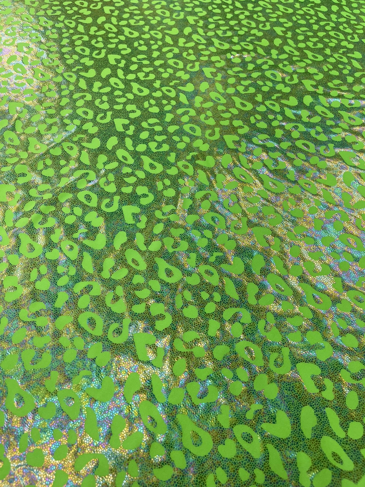 Leopard Oil Spill Metallic Print on a Stretch Nylon Spandex Tricot/Milliskin -Sold by the yard