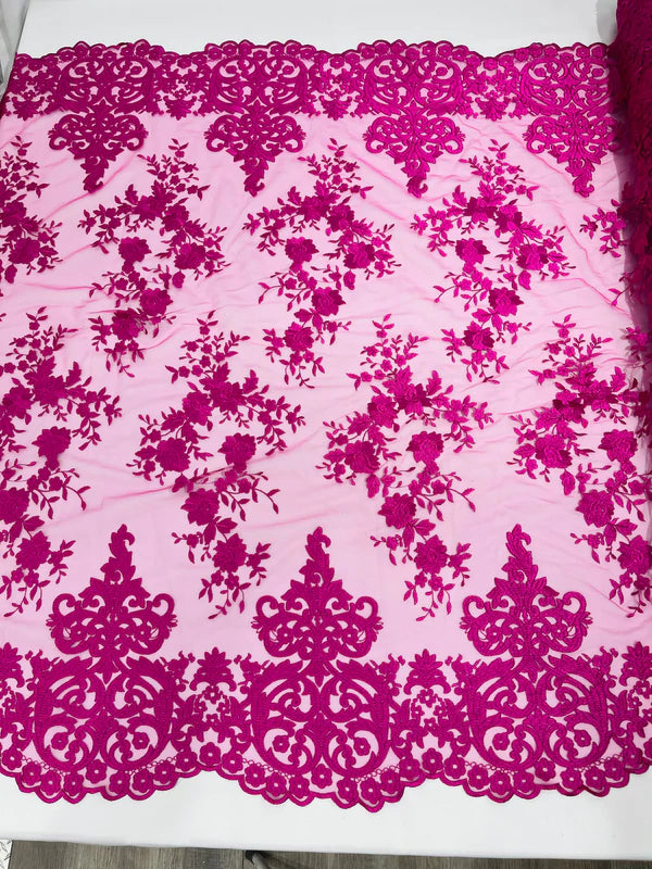 Damask Design Lace Fabric - Magenta - Embroidered Damask Fancy Beautiful Design Lace Fabric By Yard