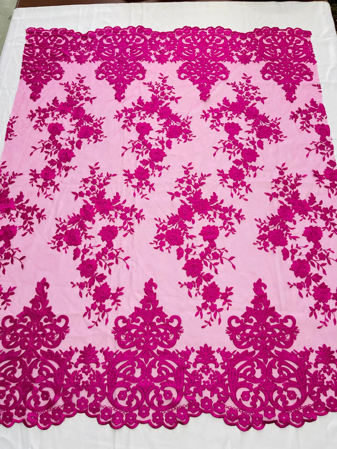Damask Design Lace Fabric - Magenta - Embroidered Damask Fancy Beautiful Design Lace Fabric By Yard