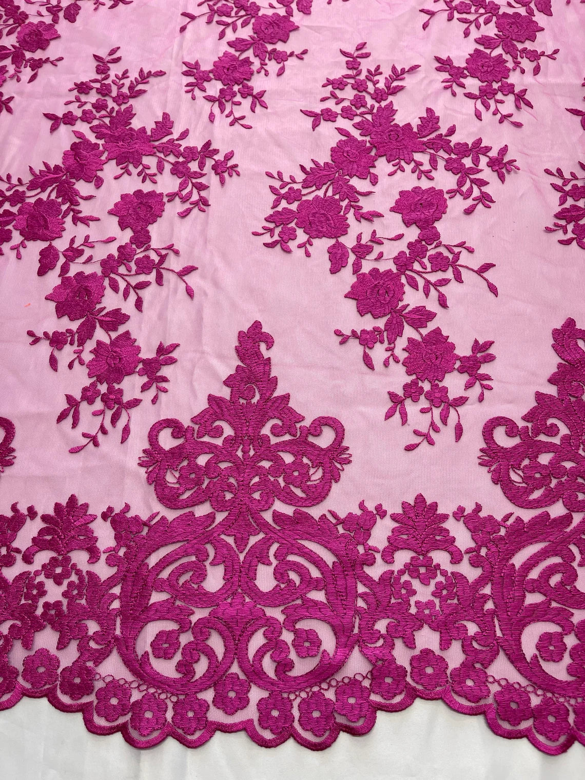 Damask Design Lace Fabric - Magenta - Embroidered Damask Fancy Beautiful Design Lace Fabric By Yard