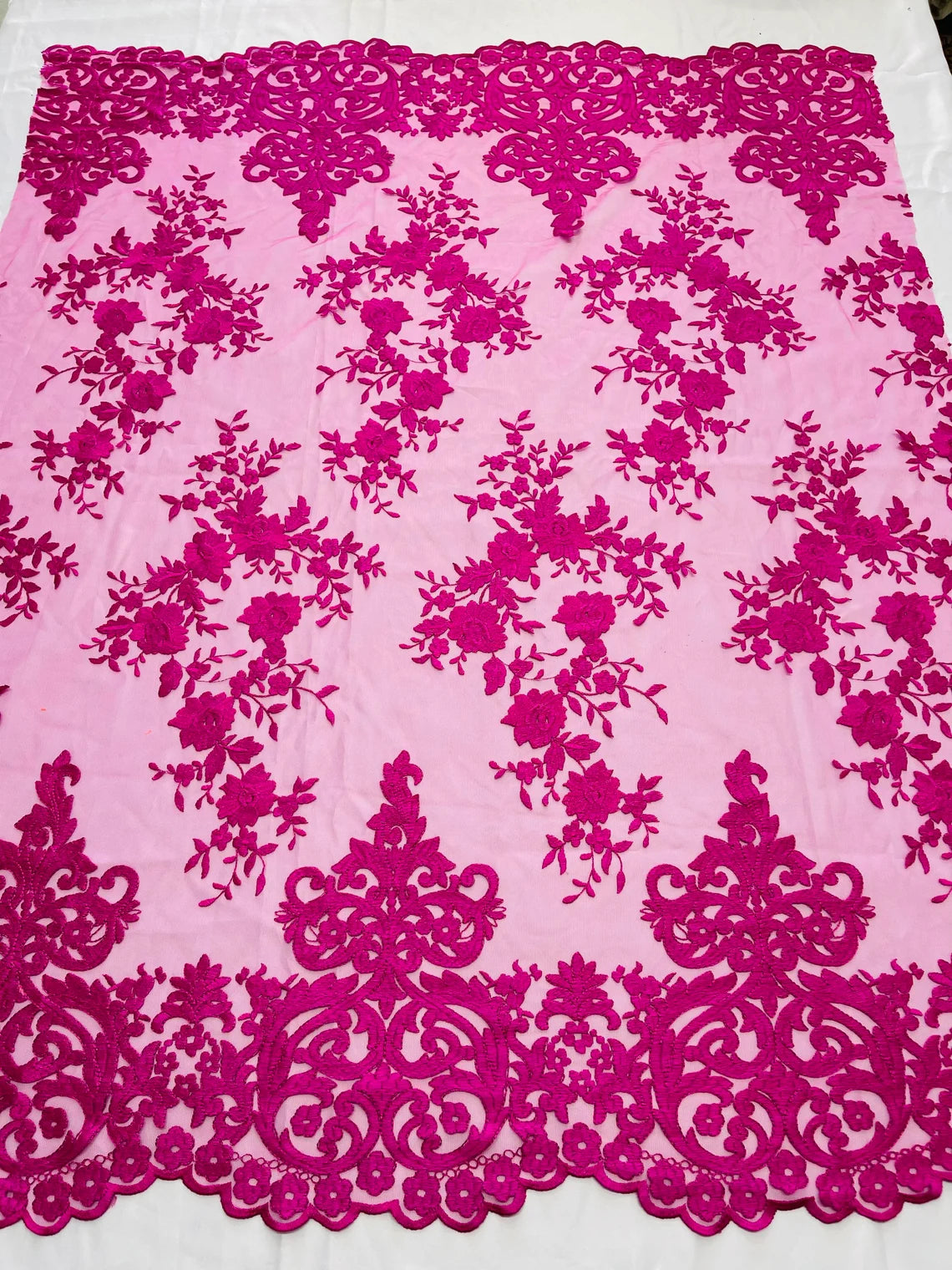Damask Design Lace Fabric - Magenta - Embroidered Damask Fancy Beautiful Design Lace Fabric By Yard