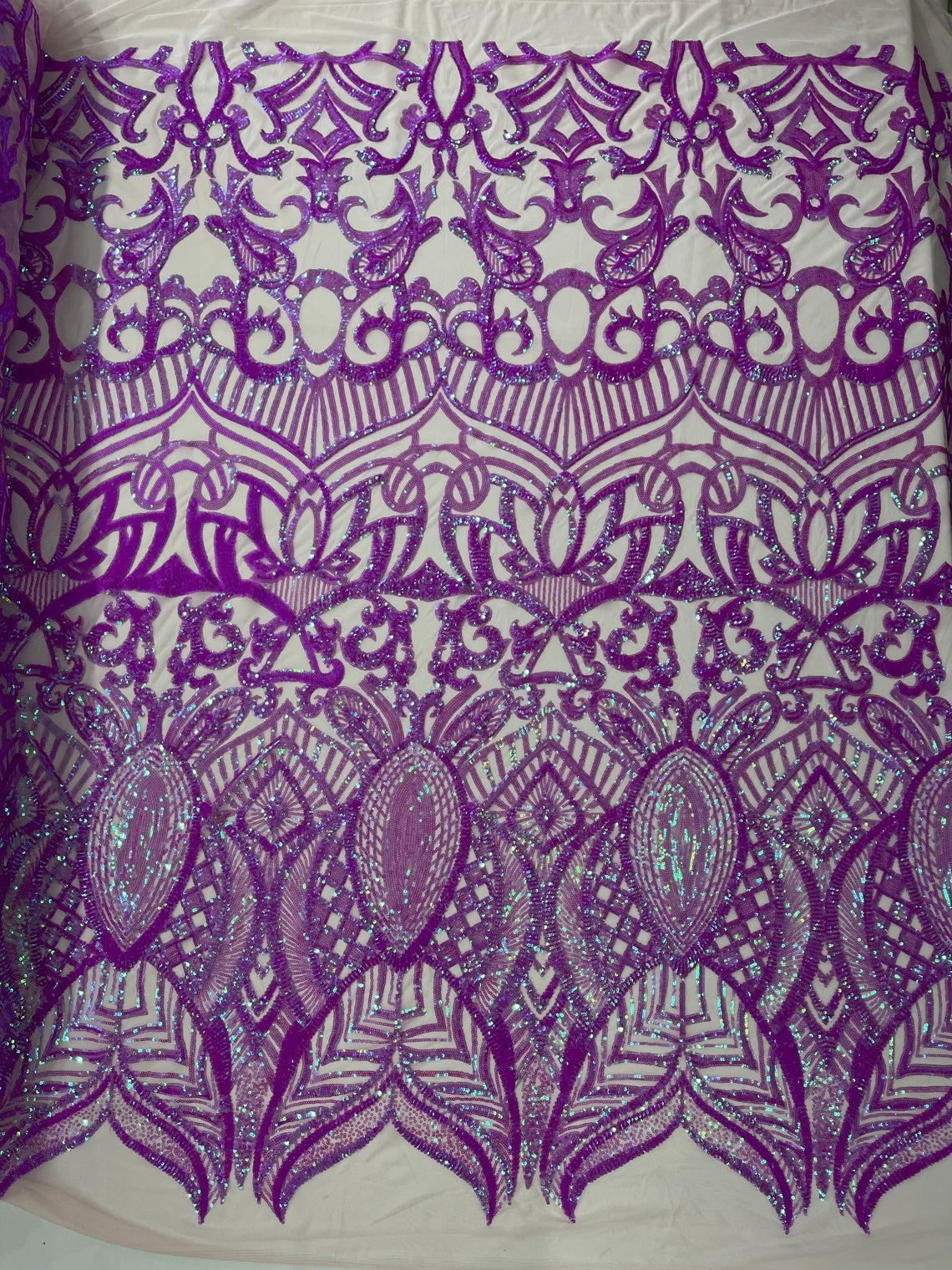 Royalty Damask Sequins Fabric - Magenta Iridescent - Fancy Royal Lace Design 4 Way Stretch Sequins By Yard