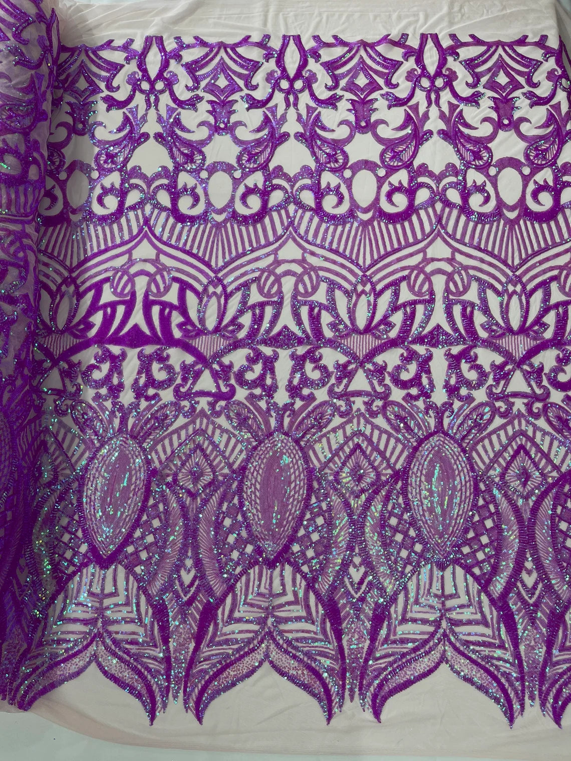 Royalty Damask Sequins Fabric - Magenta Iridescent - Fancy Royal Lace Design 4 Way Stretch Sequins By Yard