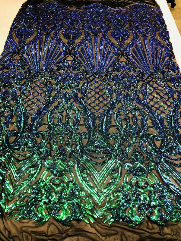 Seashell Geometric Sequins - Mermaid Green - Embroidered Sequins on 4 Way Stretch Lace Mesh Sold By Yard