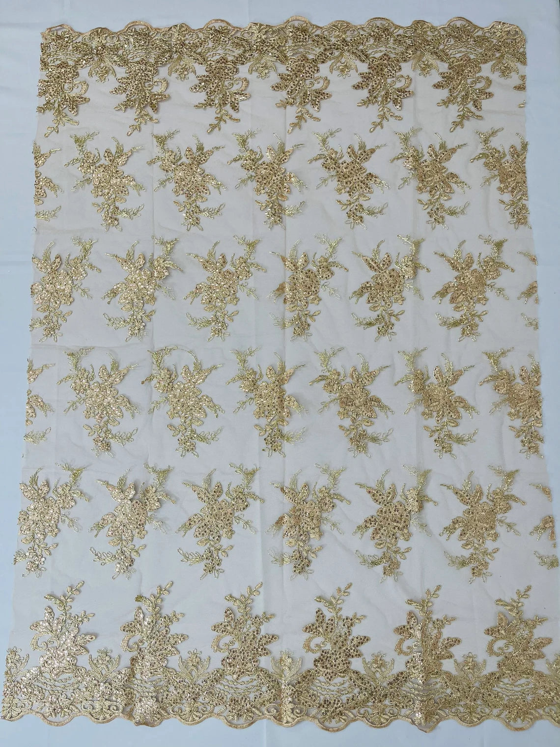 Flower Lace Sequins Fabric - Metallic Champagne - Floral Pattern Sequins Embroidered Fabric By Yard