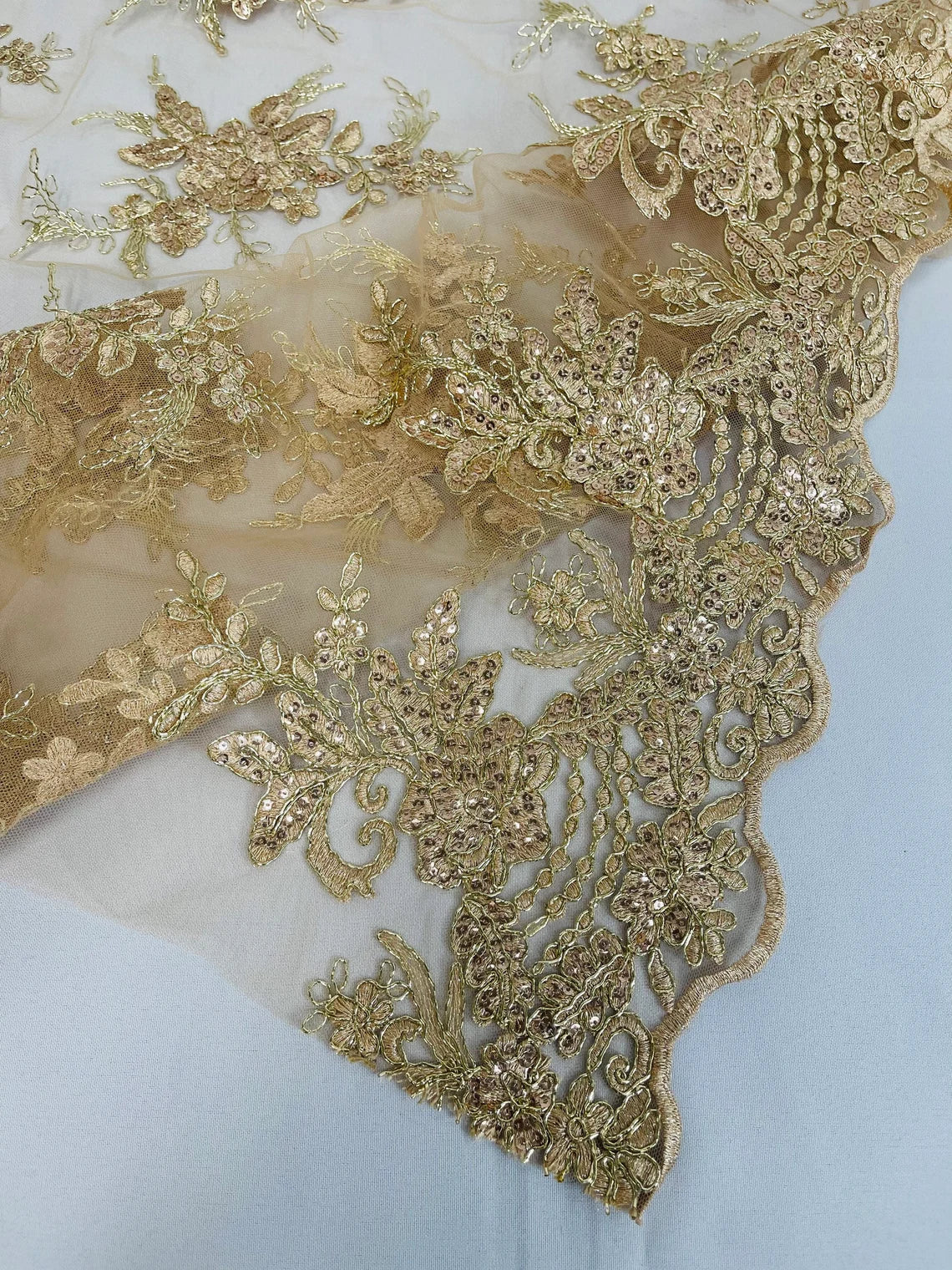 Flower Lace Sequins Fabric - Metallic Champagne - Floral Pattern Sequins Embroidered Fabric By Yard