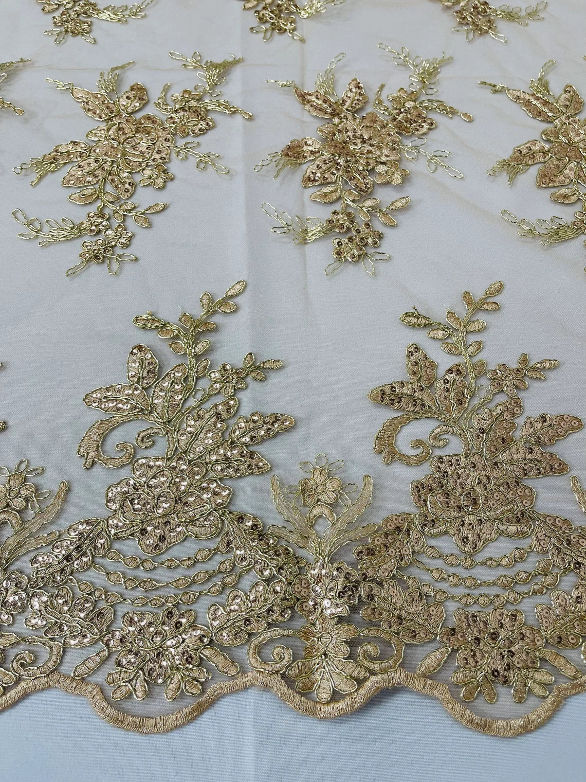 Flower Lace Sequins Fabric - Metallic Champagne - Floral Pattern Sequins Embroidered Fabric By Yard