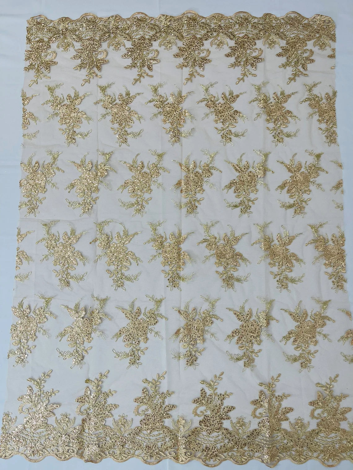 Flower Lace Sequins Fabric - Metallic Champagne - Floral Pattern Sequins Embroidered Fabric By Yard