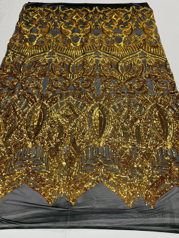 Royalty Damask Sequins Fabric - Metallic Gold - Fancy Royal Lace Design 4 Way Stretch Sequins By Yard