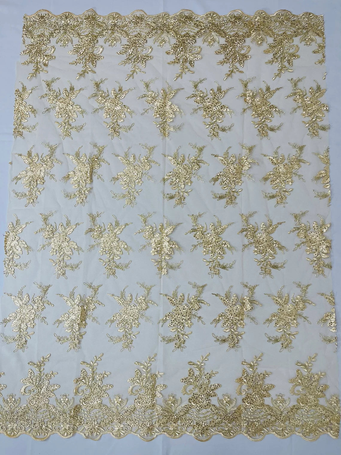 Flower Lace Sequins Fabric - Metallic Gold - Floral Pattern Sequins Embroidered Fabric By Yard