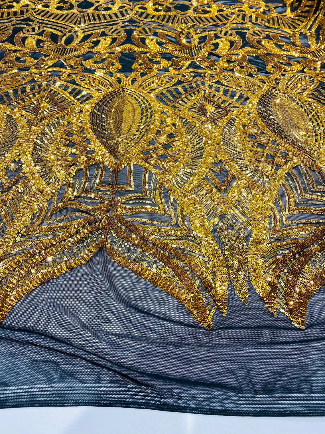 Royalty Damask Sequins Fabric - Metallic Gold - Fancy Royal Lace Design 4 Way Stretch Sequins By Yard