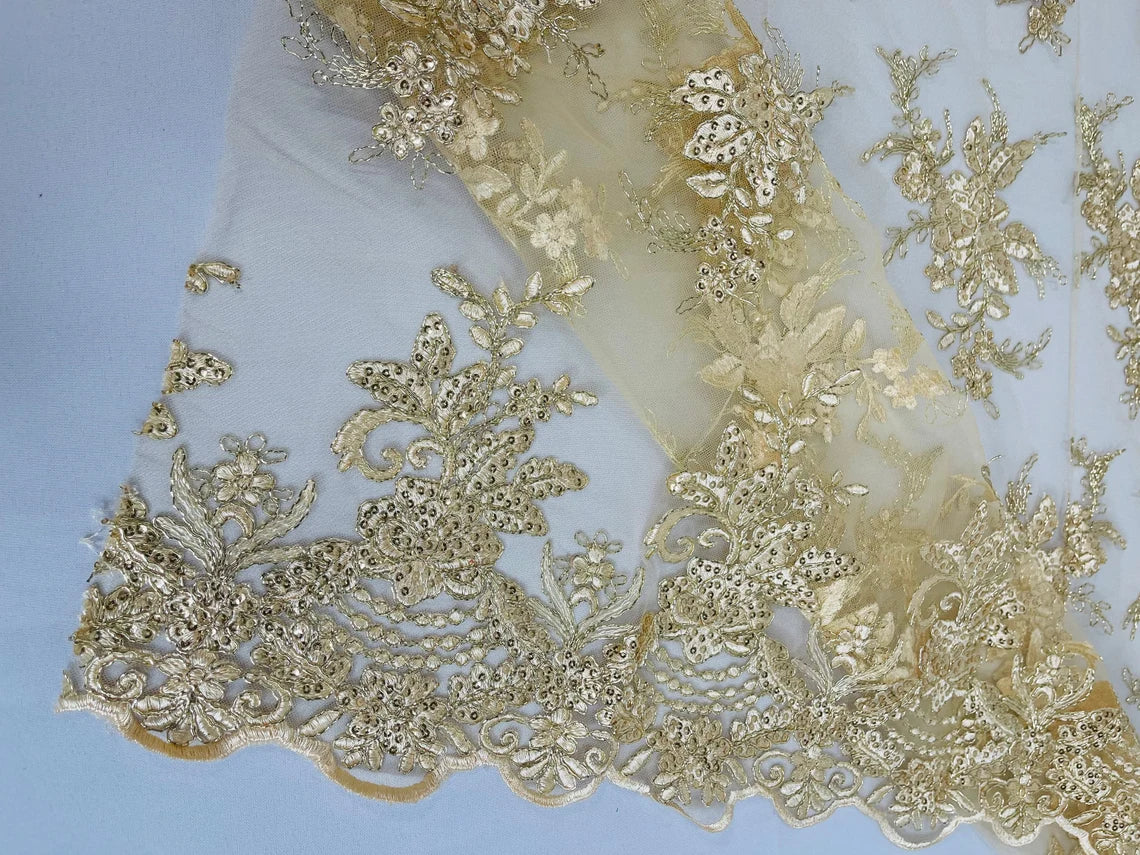 Flower Lace Sequins Fabric - Metallic Gold - Floral Pattern Sequins Embroidered Fabric By Yard
