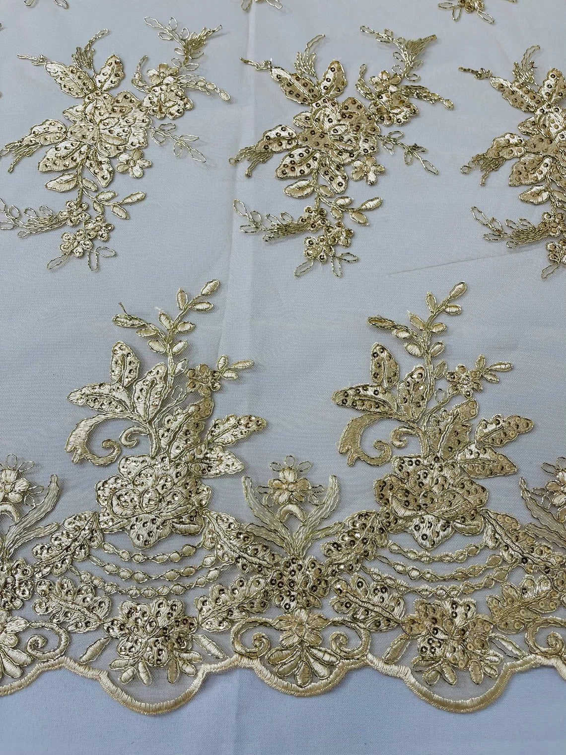 Flower Lace Sequins Fabric - Metallic Gold - Floral Pattern Sequins Embroidered Fabric By Yard