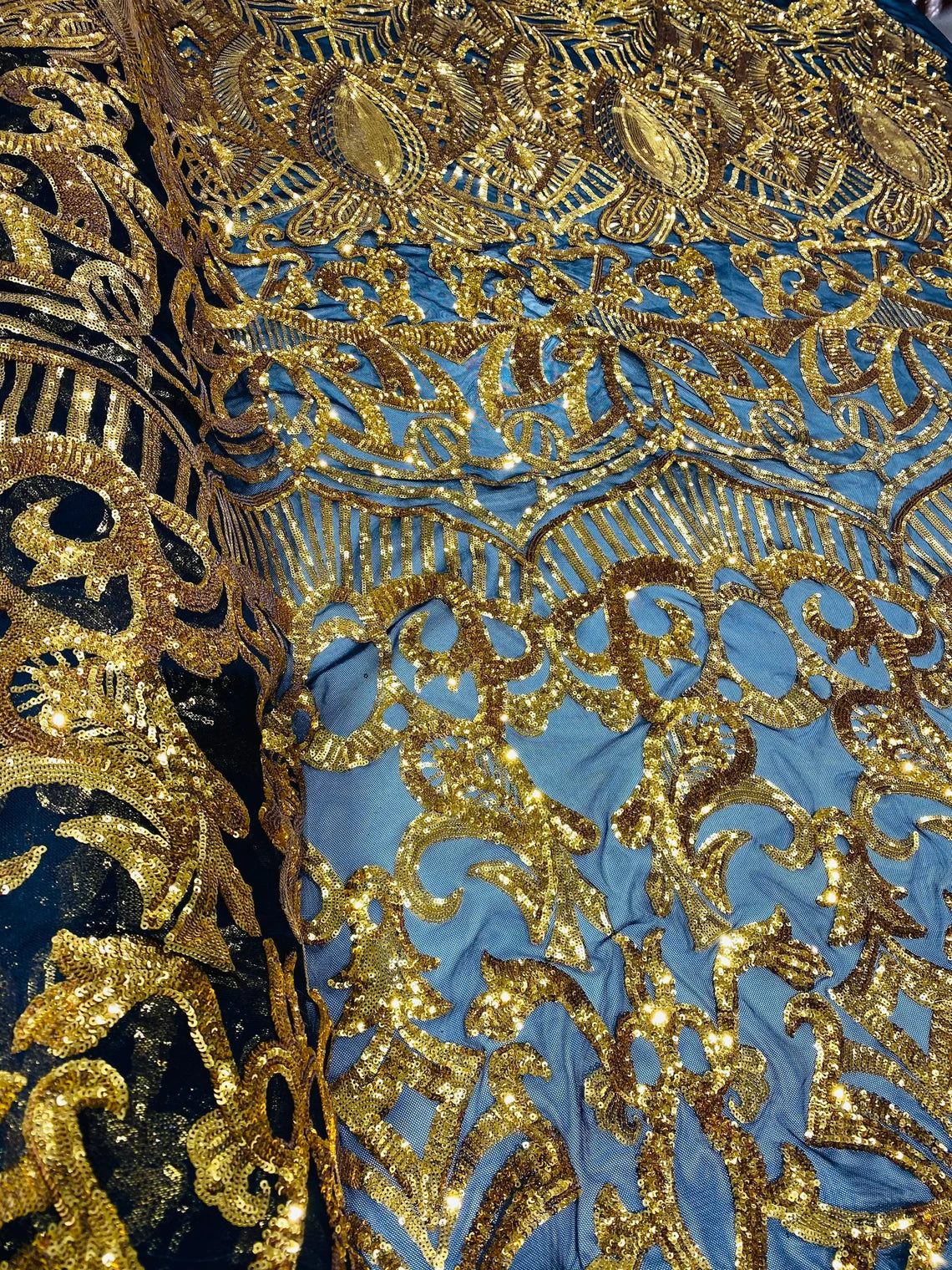 Royalty Damask Sequins Fabric - Metallic Gold - Fancy Royal Lace Design 4 Way Stretch Sequins By Yard