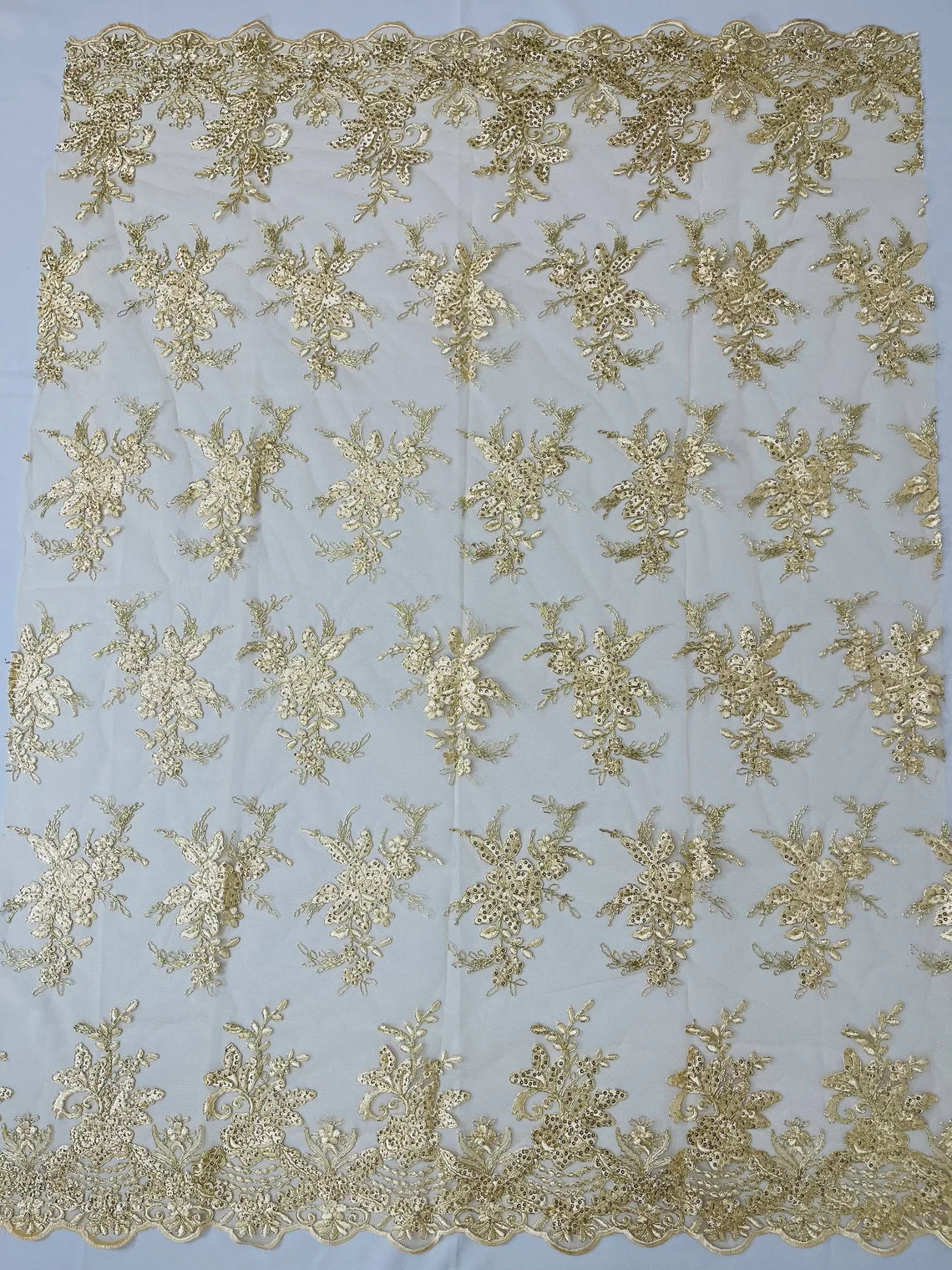 Flower Lace Sequins Fabric - Metallic Gold - Floral Pattern Sequins Embroidered Fabric By Yard