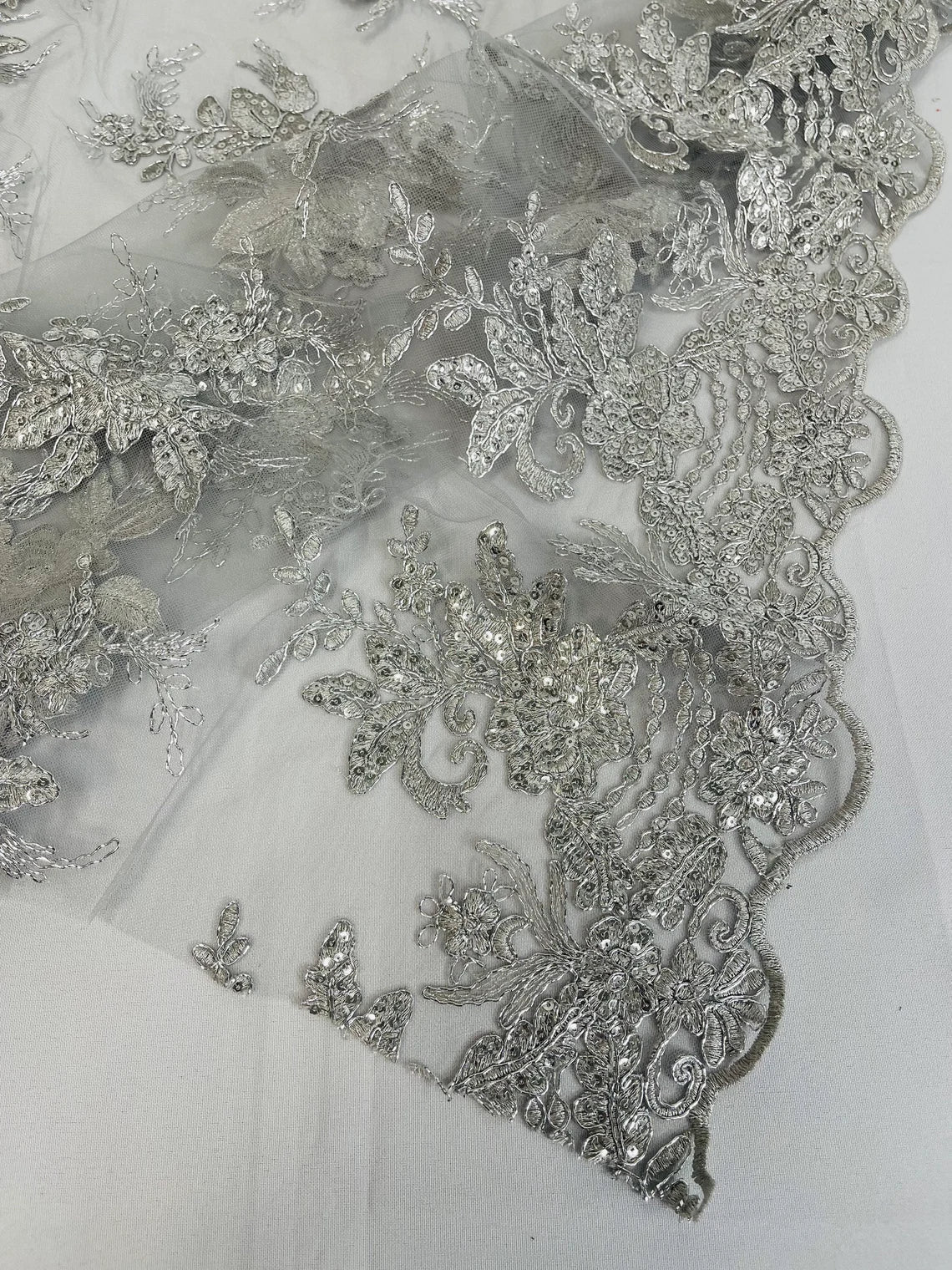 Flower Lace Sequins Fabric - Metallic Silver - Floral Pattern Sequins Embroidered Fabric By Yard
