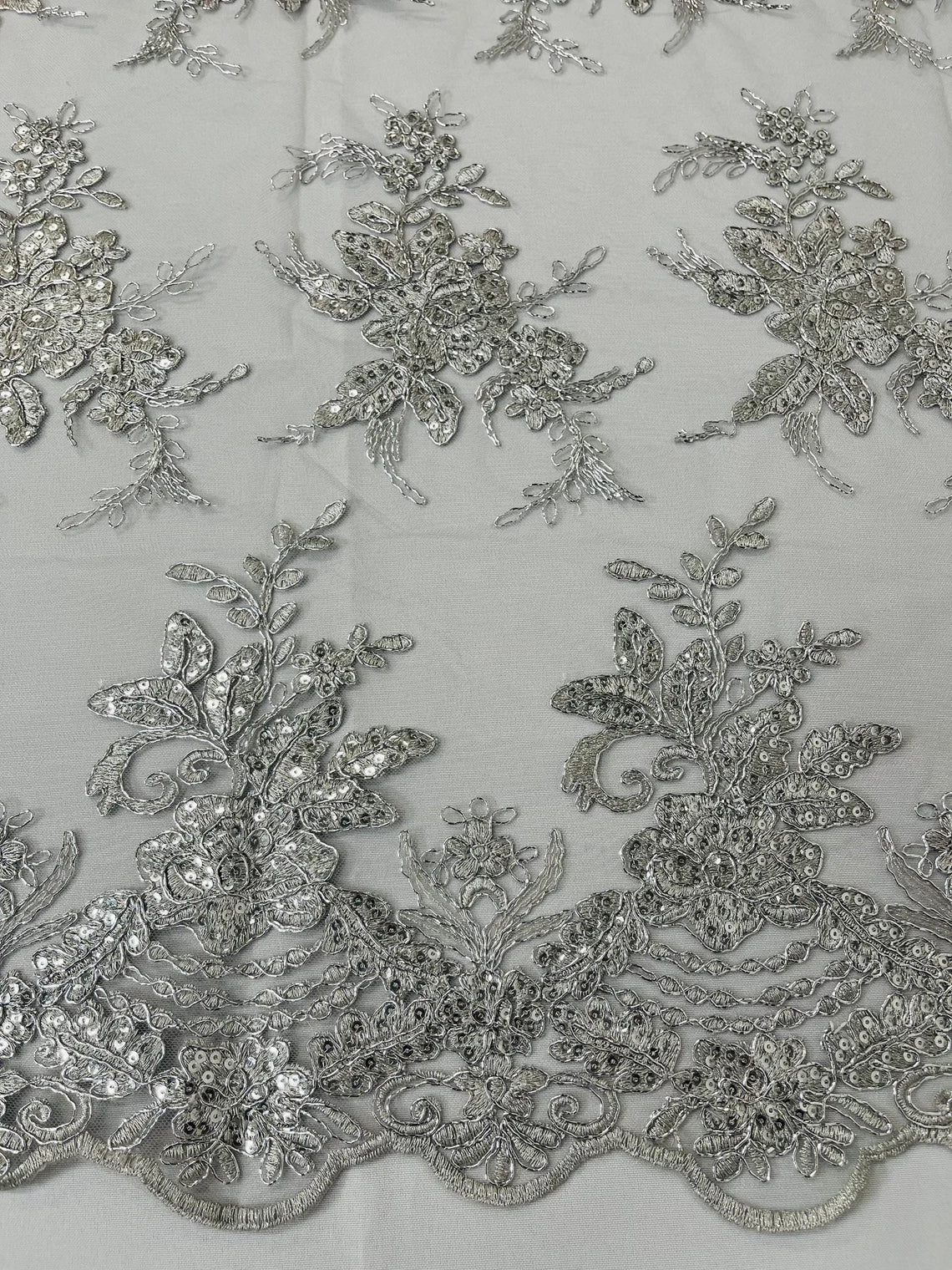 Flower Lace Sequins Fabric - Metallic Silver - Floral Pattern Sequins Embroidered Fabric By Yard