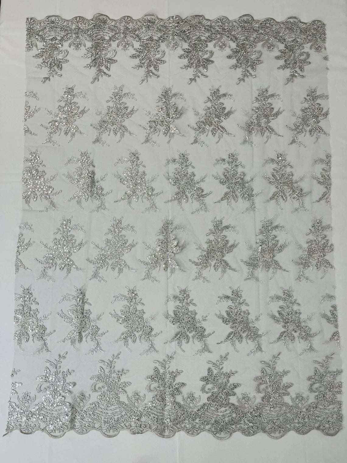 Flower Lace Sequins Fabric - Metallic Silver - Floral Pattern Sequins Embroidered Fabric By Yard