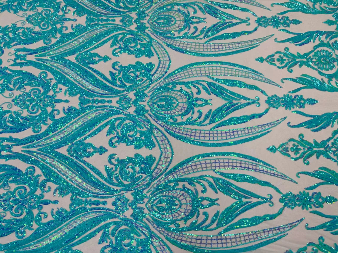 Big Damask 4 Way Sequins - Mint - Embroidered Damask Design Sequins Fabric Sold By Yard