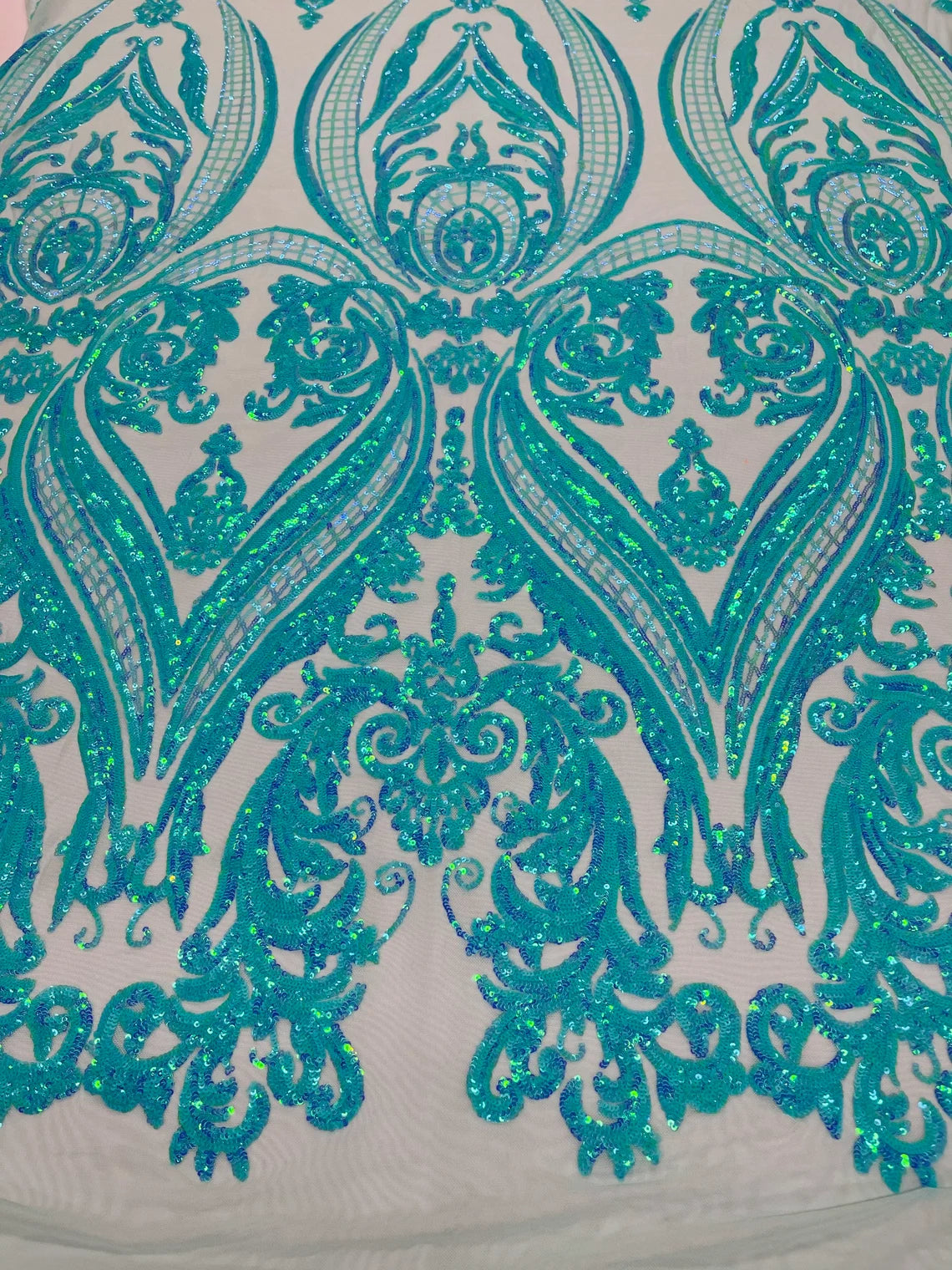 Big Damask 4 Way Sequins - Mint - Embroidered Damask Design Sequins Fabric Sold By Yard