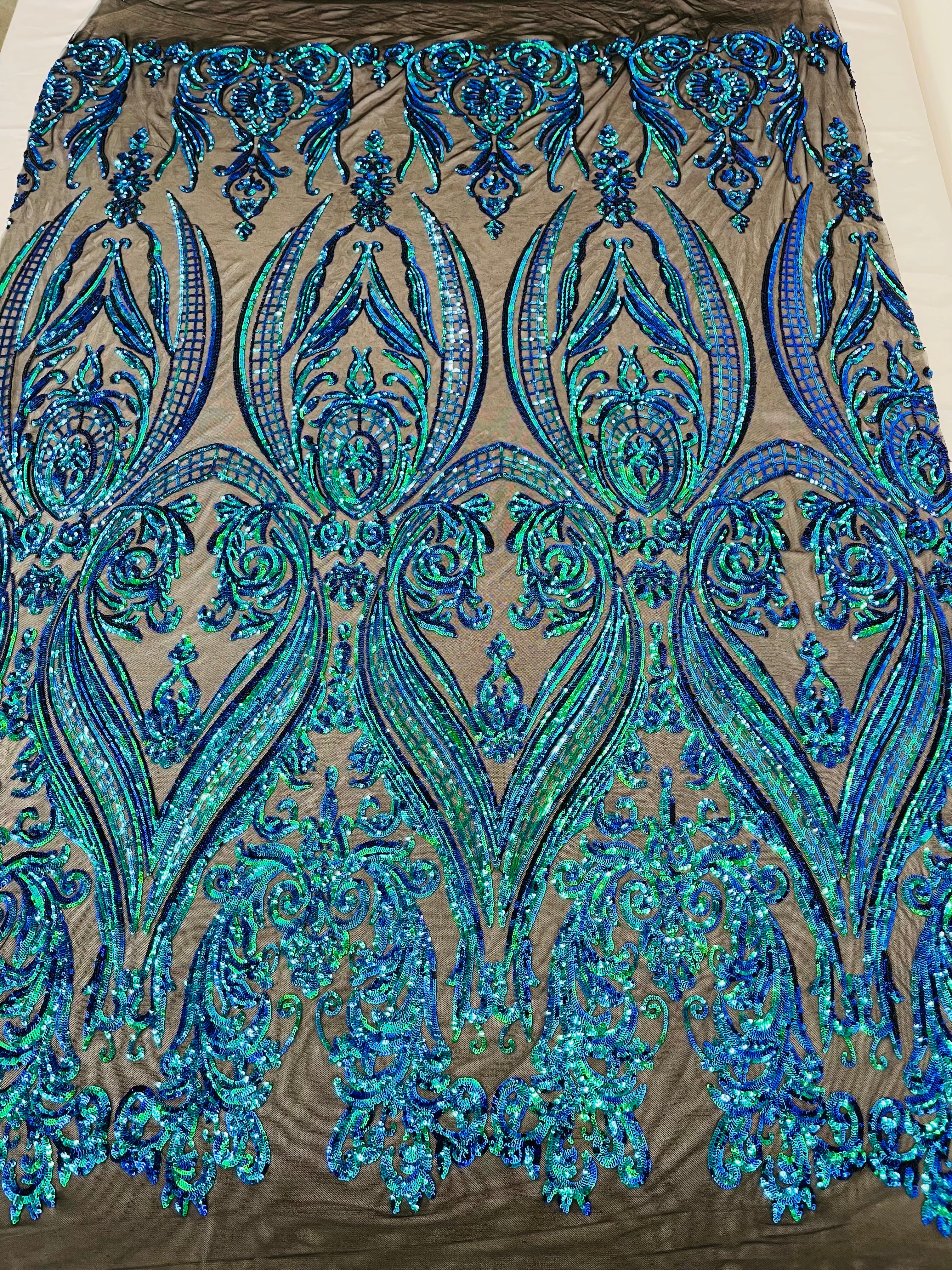 Big Damask 4 Way Sequins - Aqua Iridescent on White - Embroidered Damask Design Sequins Fabric Sold By Yard