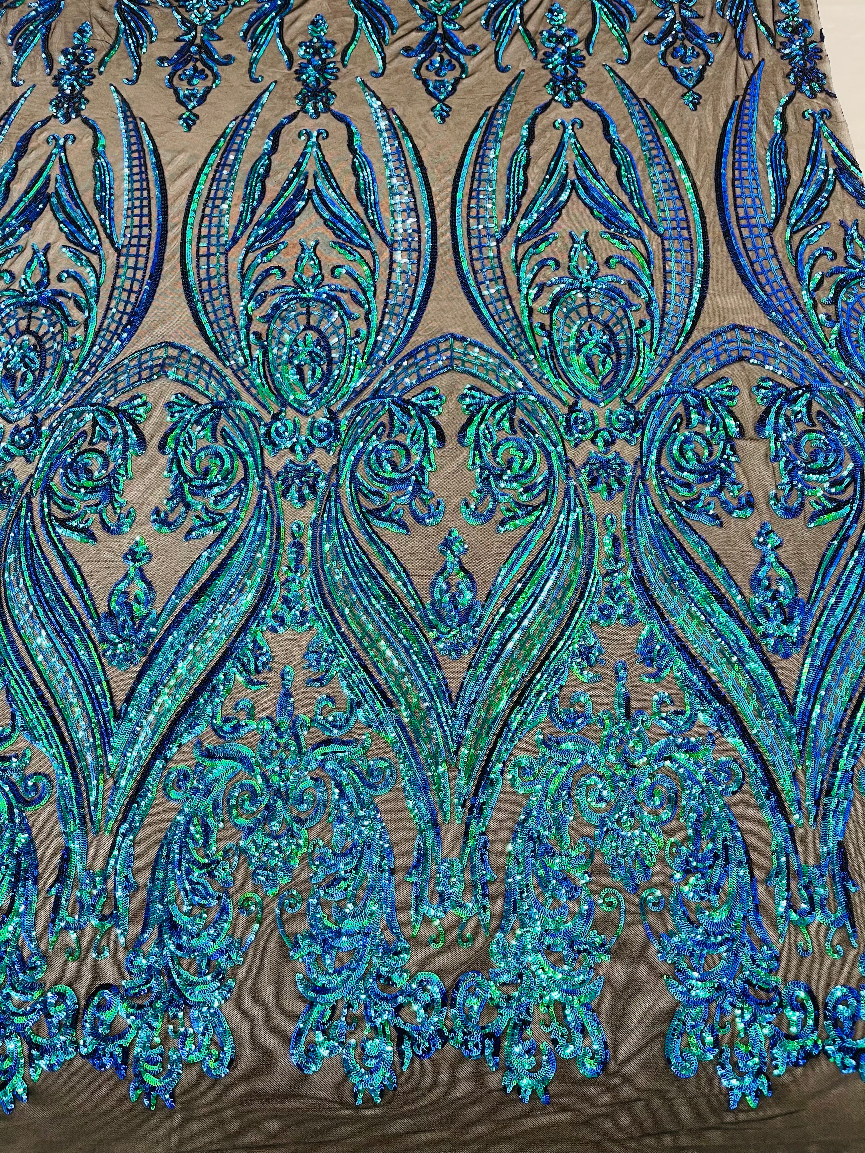 Big Damask 4 Way Sequins - Aqua Iridescent on White - Embroidered Damask Design Sequins Fabric Sold By Yard