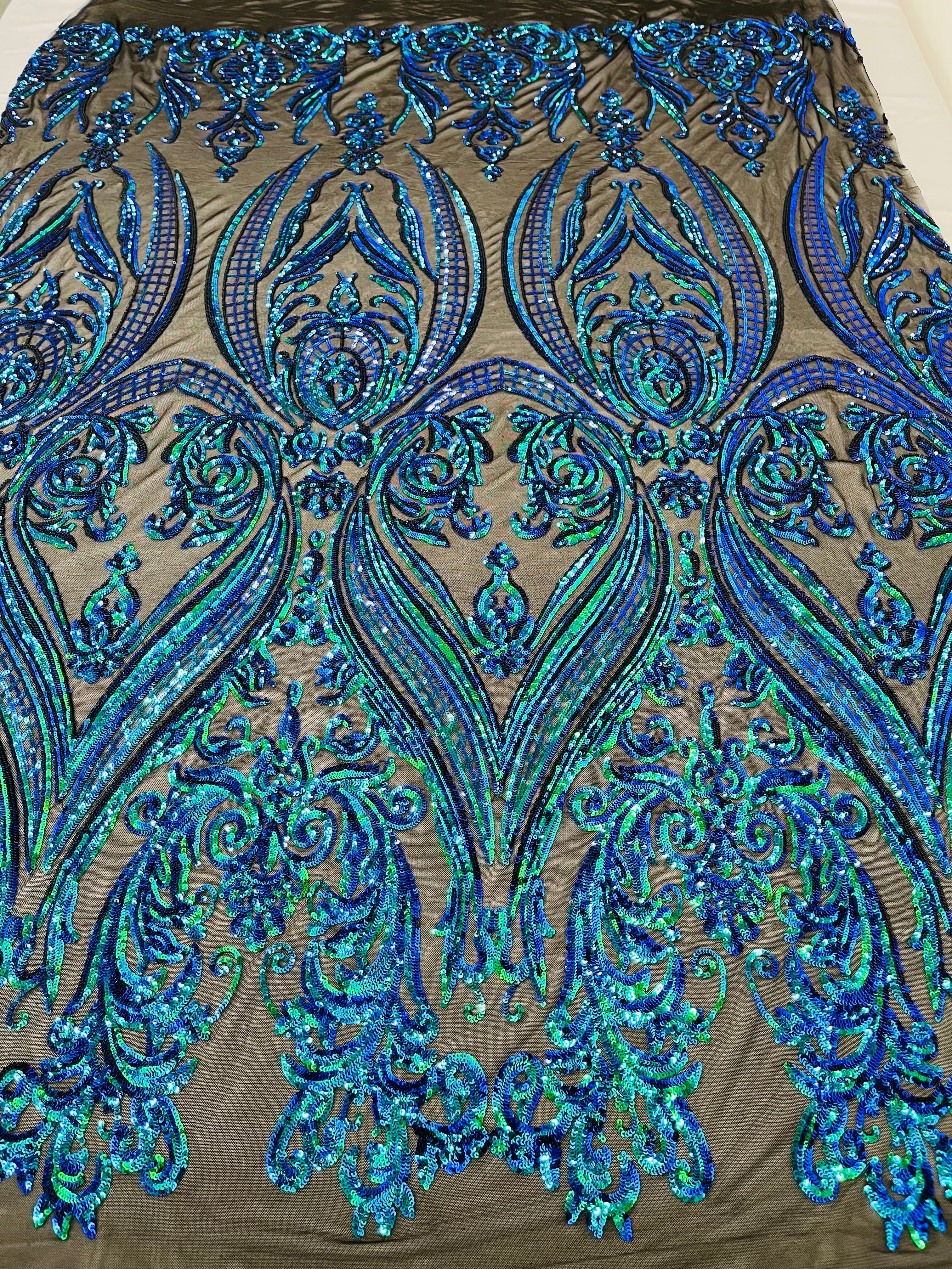 Big Damask 4 Way Sequins - Aqua Iridescent on White - Embroidered Damask Design Sequins Fabric Sold By Yard