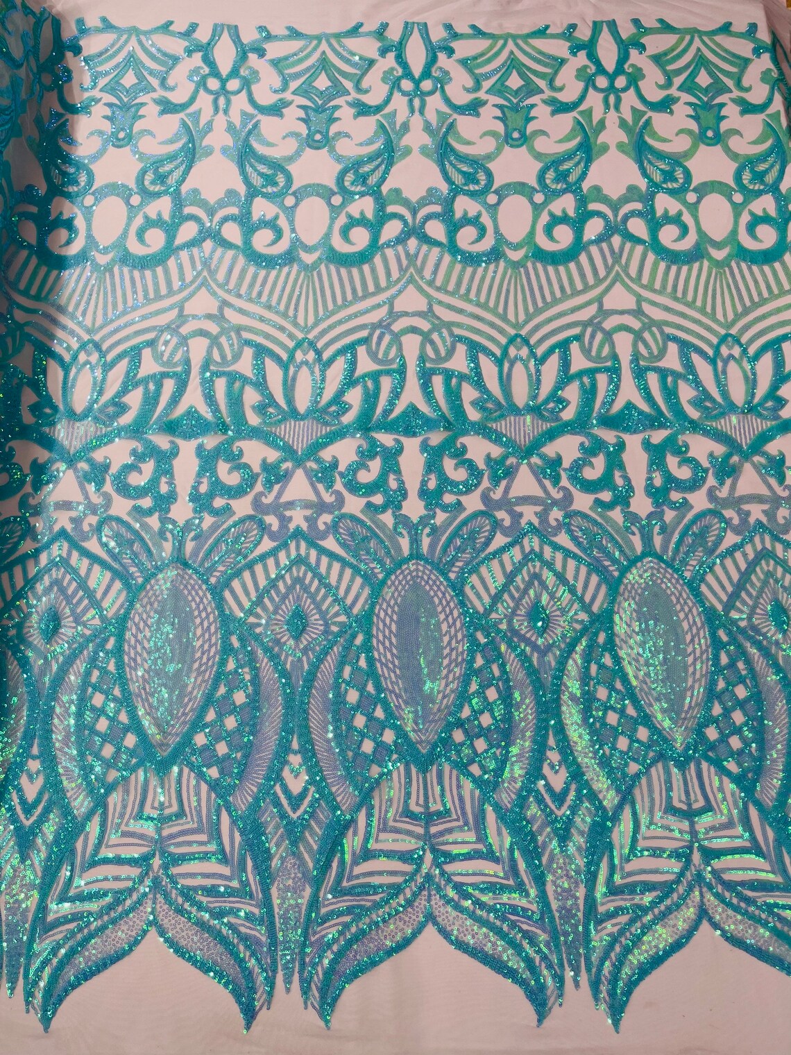 Royalty Damask Sequins Fabric - Mint Iridescent - Fancy Royal Lace Design 4 Way Stretch Sequins By Yard