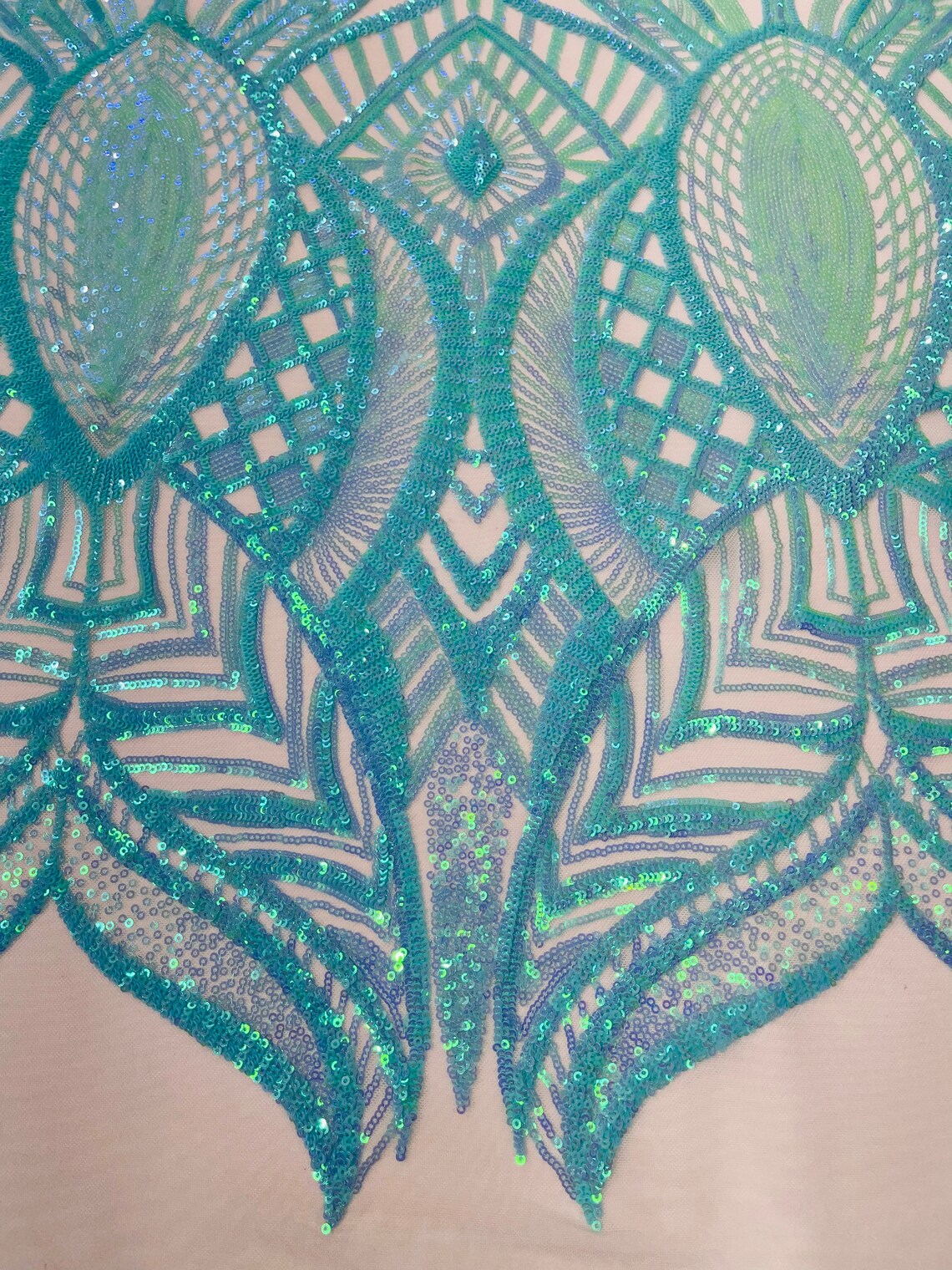 Royalty Damask Sequins Fabric - Mint Iridescent - Fancy Royal Lace Design 4 Way Stretch Sequins By Yard