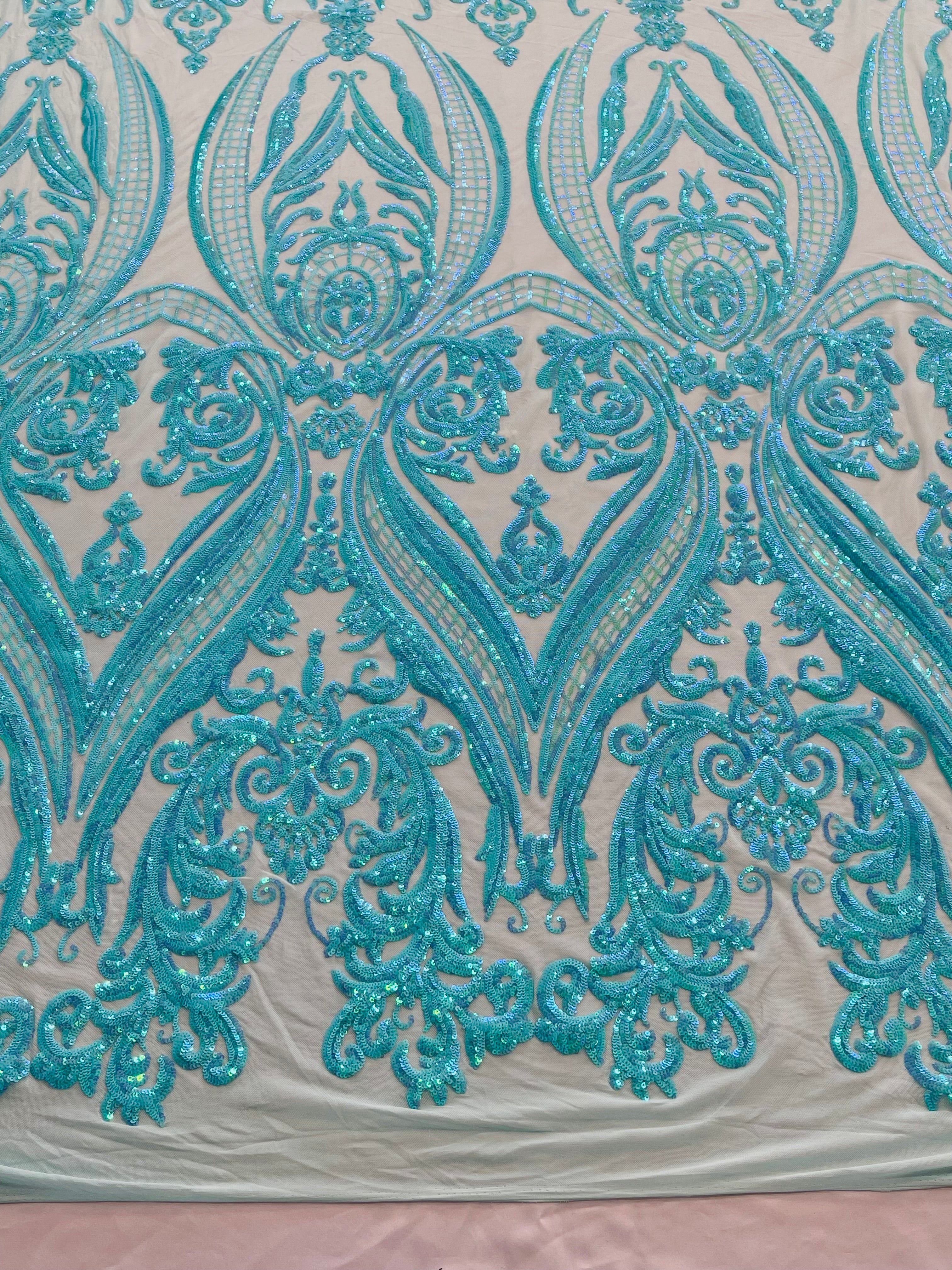 Big Damask 4 Way Sequins - Aqua Iridescent on White - Embroidered Damask Design Sequins Fabric Sold By Yard