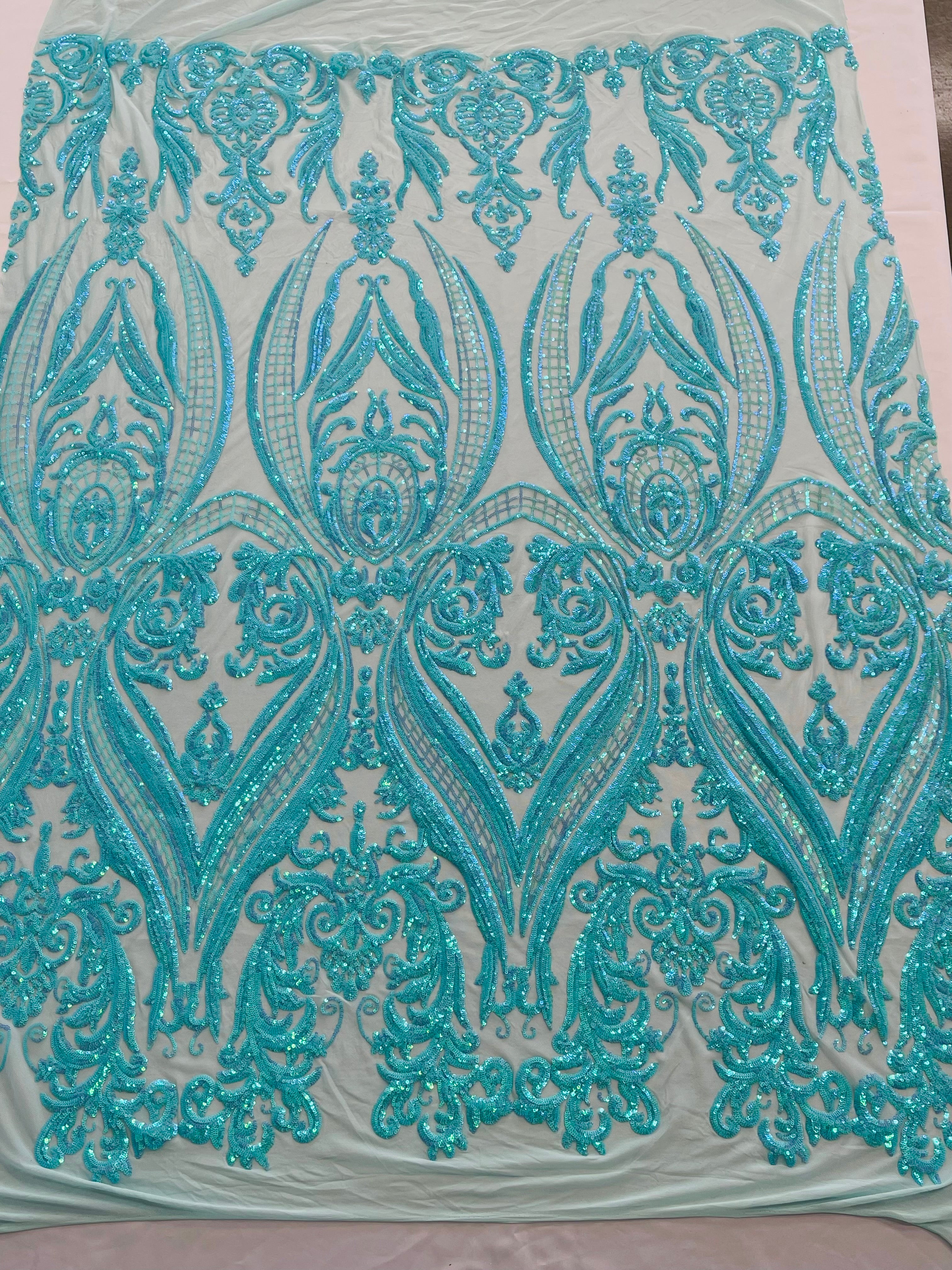 Big Damask 4 Way Sequins - Aqua Iridescent on White - Embroidered Damask Design Sequins Fabric Sold By Yard