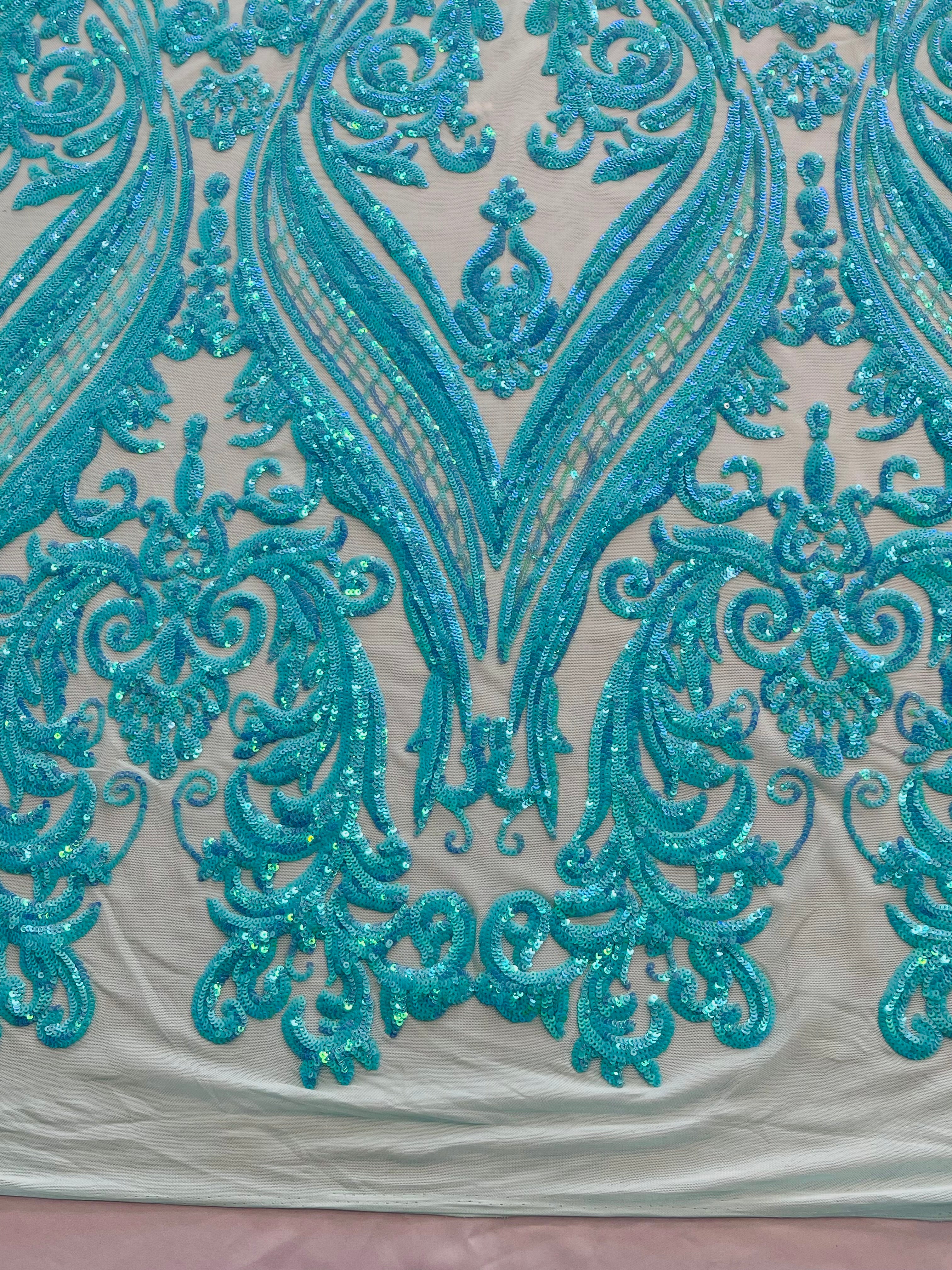 Big Damask 4 Way Sequins - Aqua Iridescent on White - Embroidered Damask Design Sequins Fabric Sold By Yard