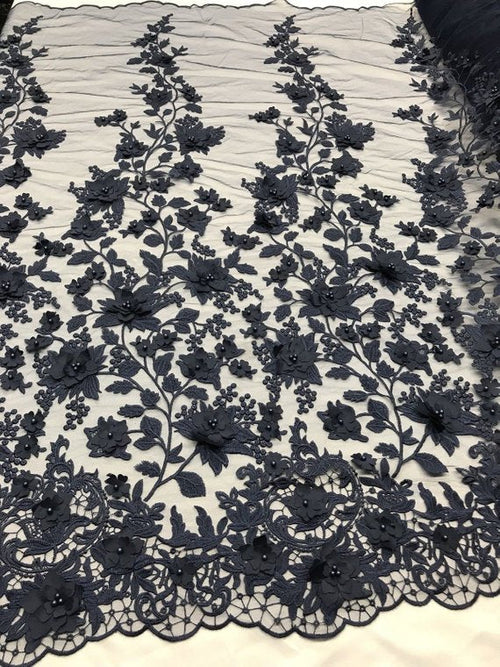 3D Floral Princess Fabric - Navy Blue - Embroidered Floral Lace Fabric with 3D Flowers By Yard