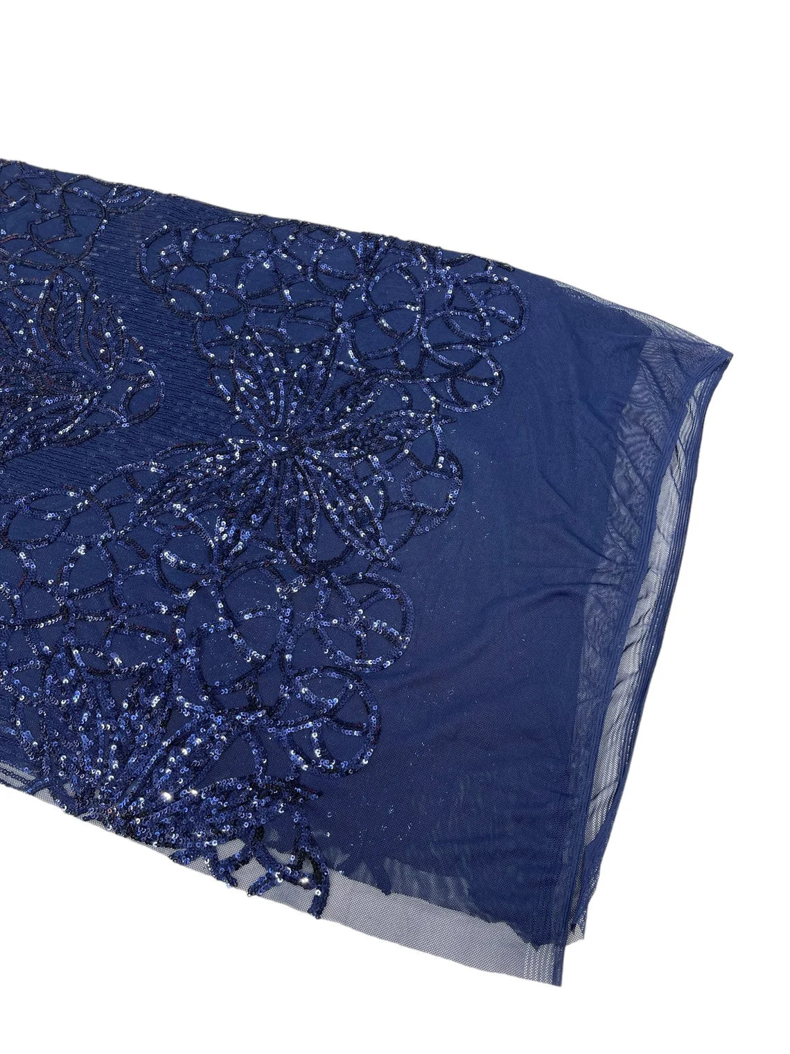 Gorgeous Star Leaf Fabric - Navy Blue - Leaf Design Embroidered 4 Way Stretch Sequins Fabric By Yard