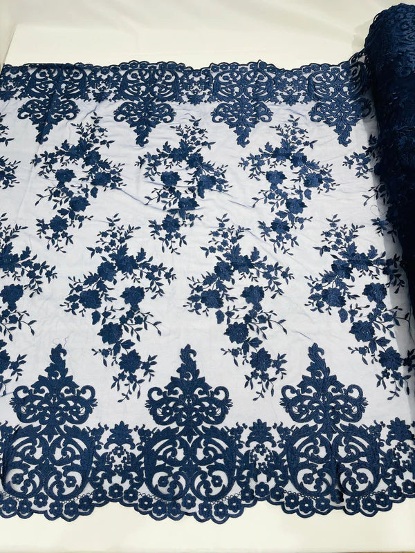 Damask Design Lace Fabric - Navy Blue - Embroidered Damask Fancy Beautiful Design Lace Fabric By Yard