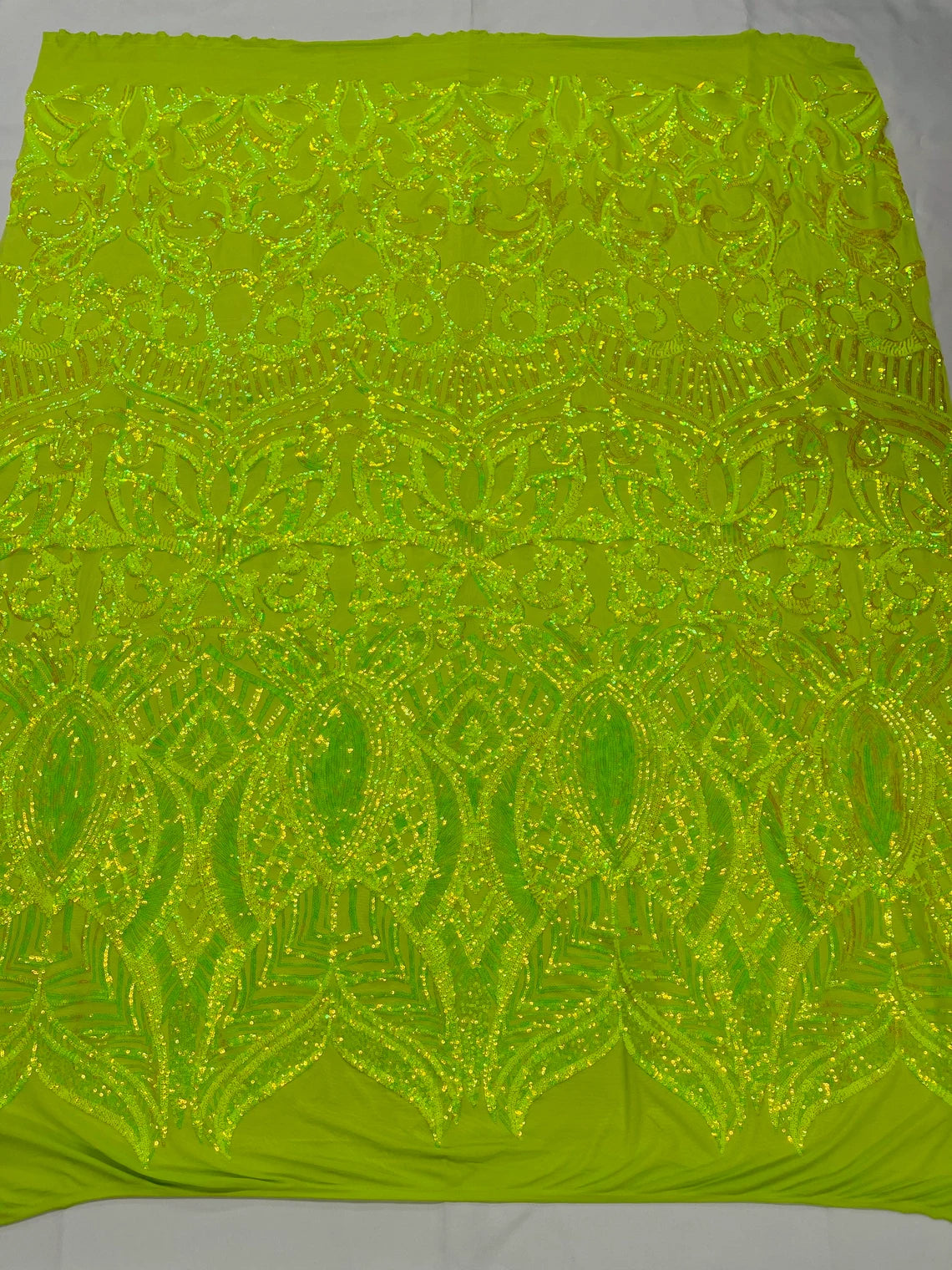 Royalty Damask Sequins Fabric - Neon Green - Fancy Royal Lace Design 4 Way Stretch Sequins By Yard