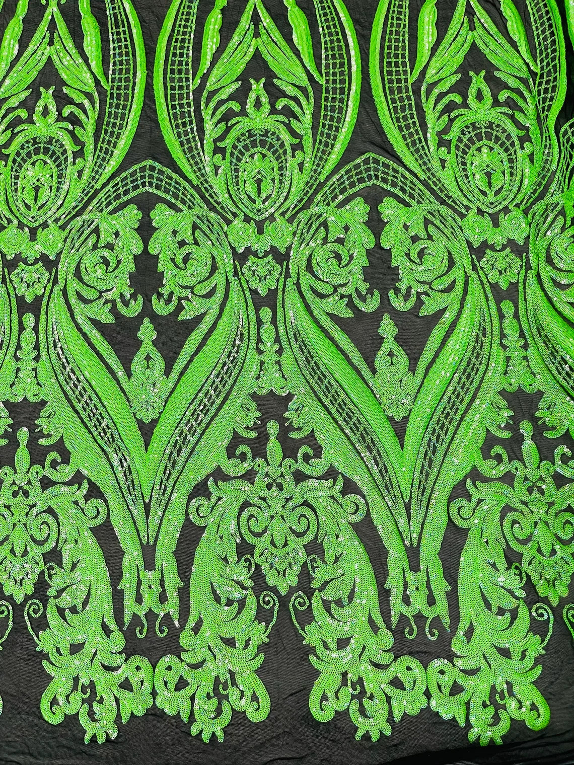 Big Damask 4 Way Sequins - Neon Green on Black - Embroidered Damask Design Sequins Fabric Sold By Yard