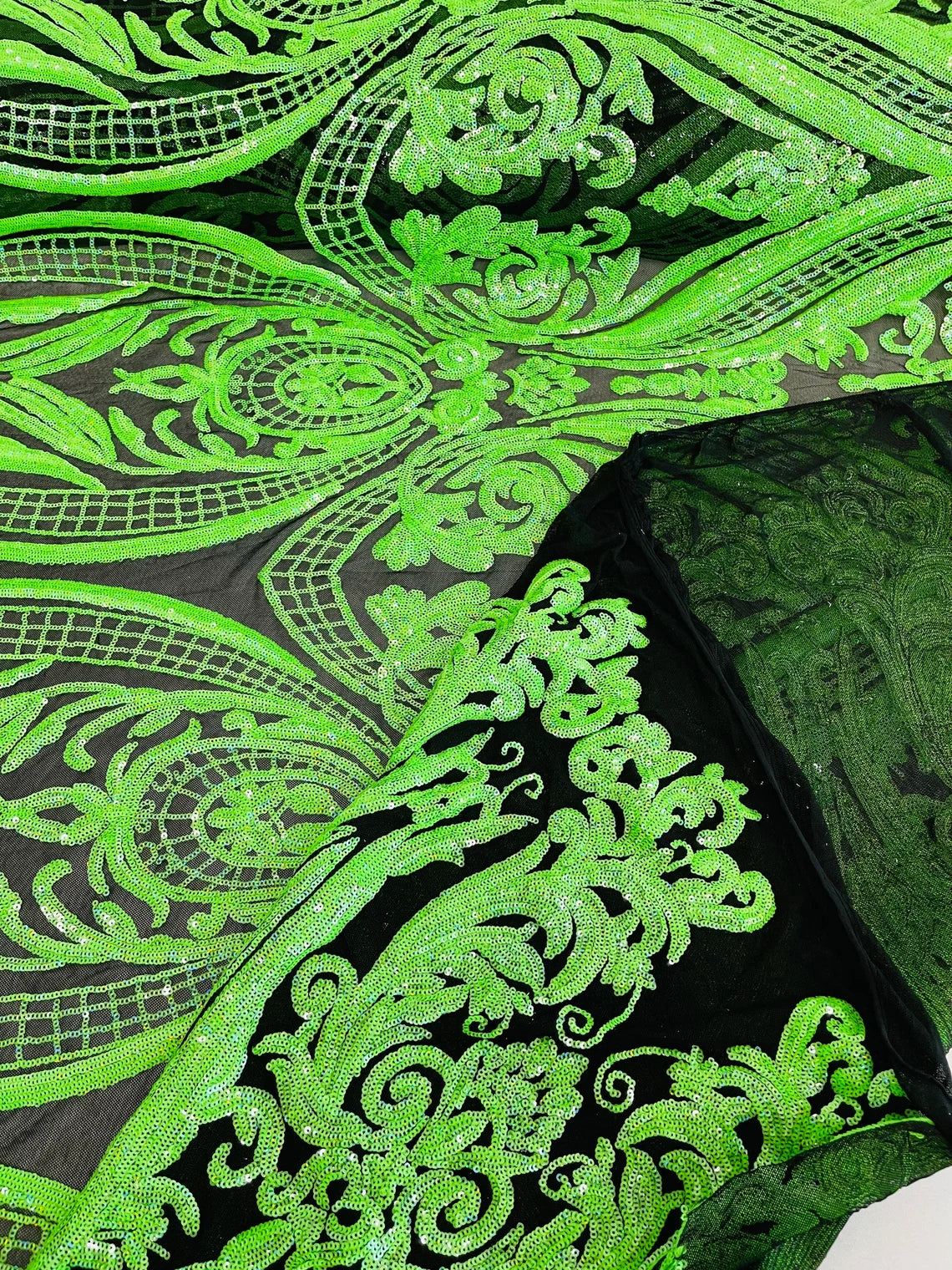 Big Damask 4 Way Sequins - Neon Green on Black - Embroidered Damask Design Sequins Fabric Sold By Yard