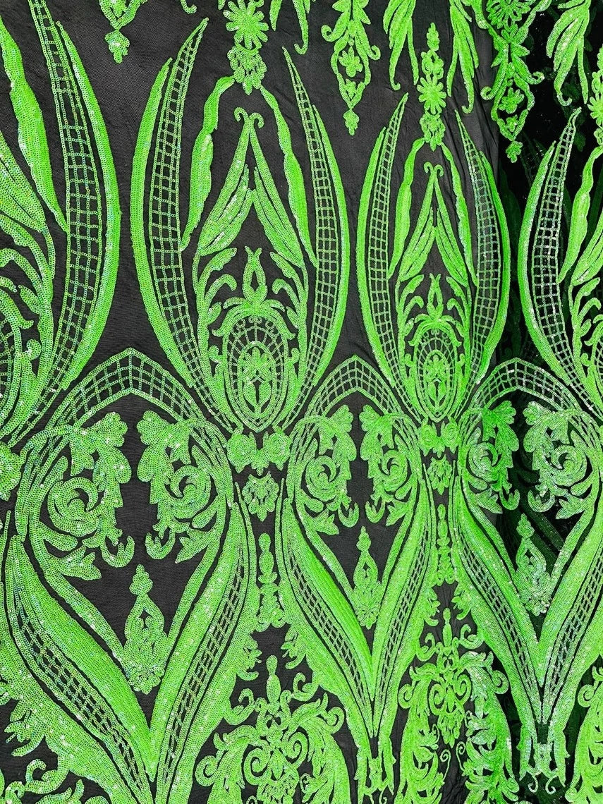 Big Damask 4 Way Sequins - Neon Green on Black - Embroidered Damask Design Sequins Fabric Sold By Yard